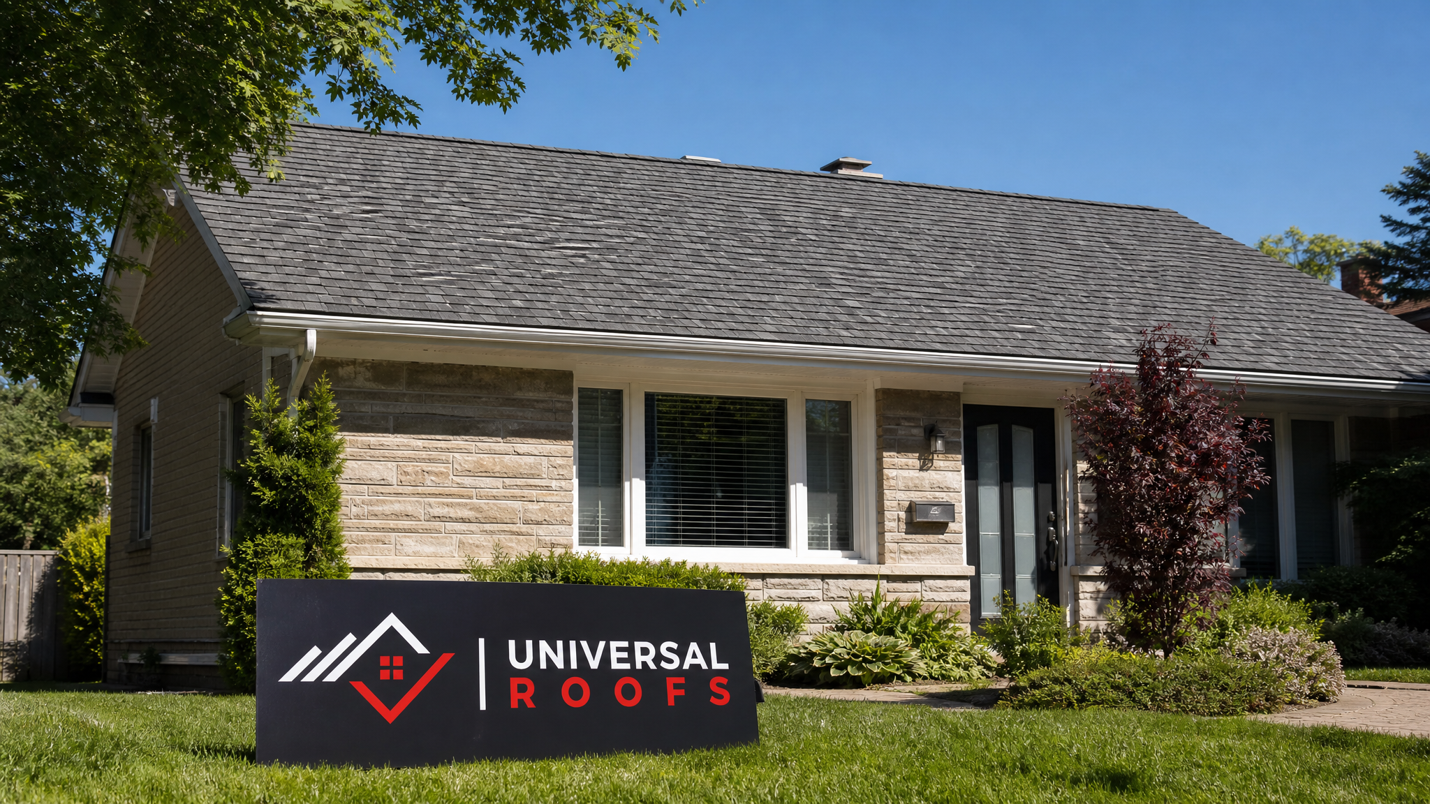 A straight, evenly aligned residential roofline in Toronto after a successful roof sagging repair, photographed in bright summer daylight