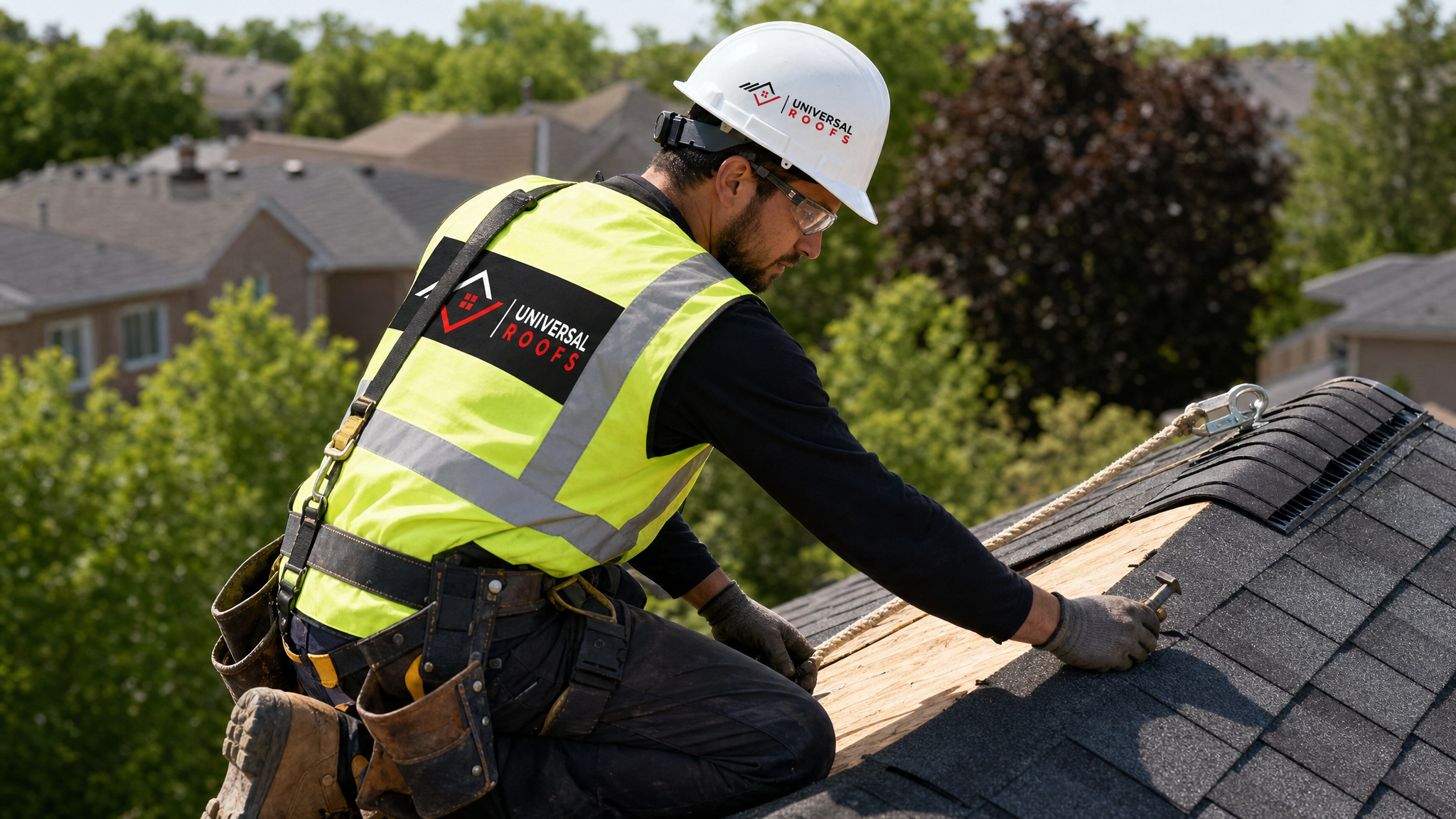 A roofer wearing full safety harness and PPE inspecting and reinforcing a sagging rafter on a Toronto home during summer daylight