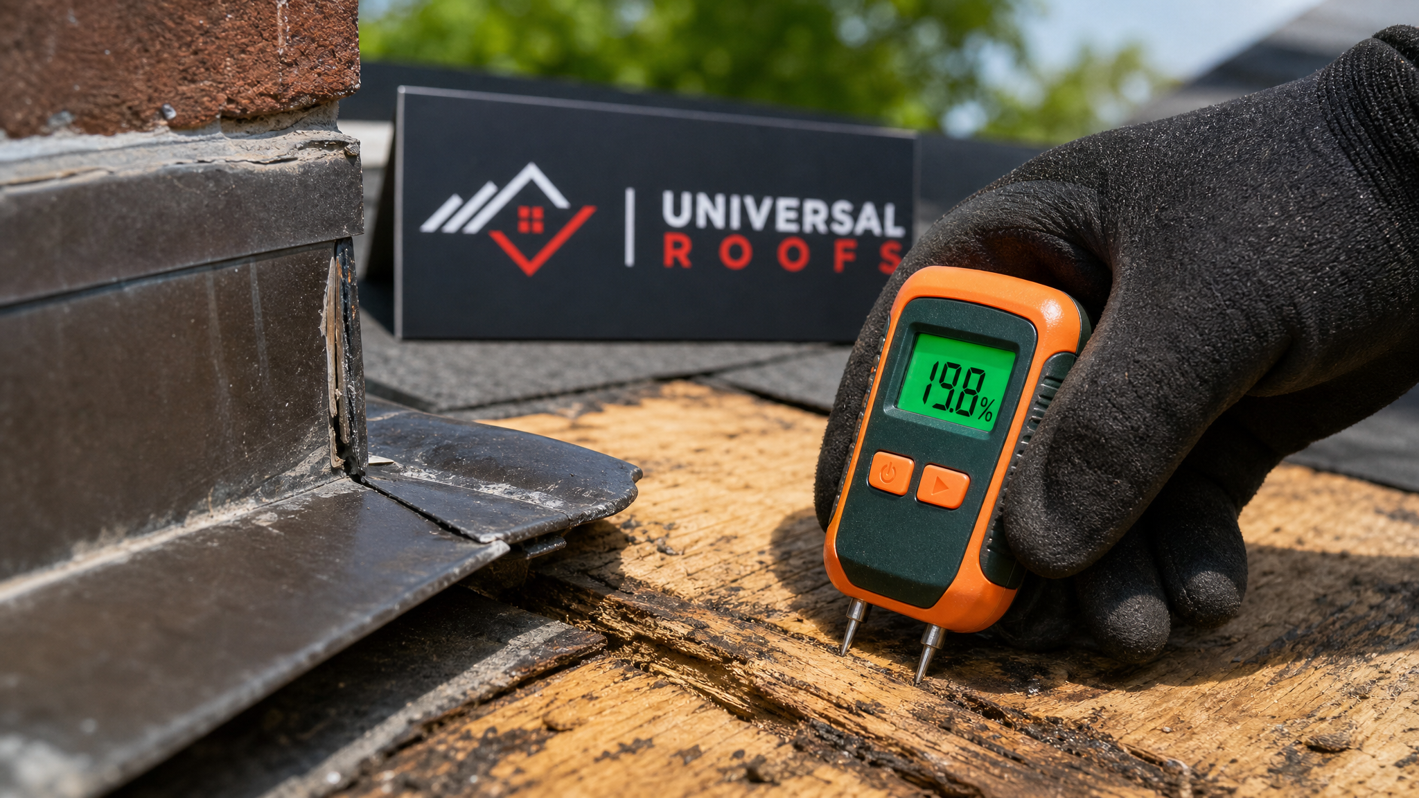 Close-up detail of a roofer's hand using a moisture meter probe against roof decking near a chimney flashing joint to test for water intrusion