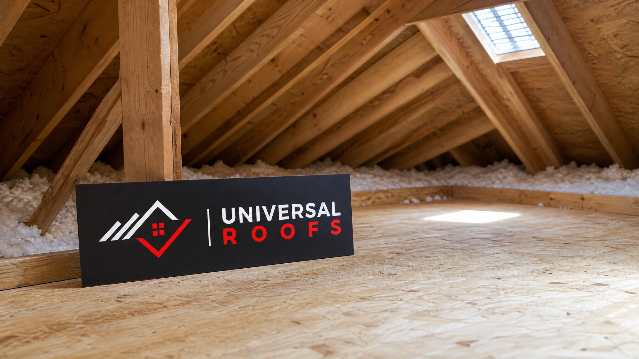 Dry, freshly repaired attic ceiling in a Toronto home after a successful roof leak detection and repair, sunlight through a vent
