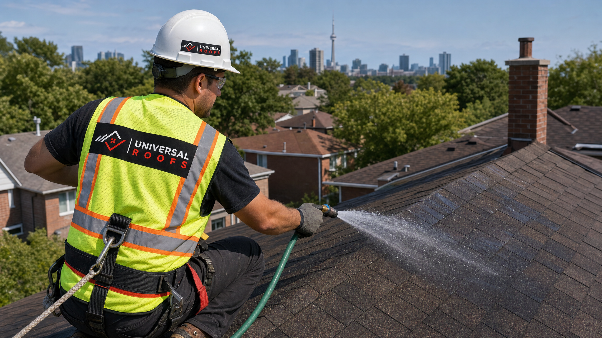 Roofer wearing full safety harness, hard hat, and high-visibility vest performing a garden hose leak detection test on a residential asphalt shingle roof in Toronto
