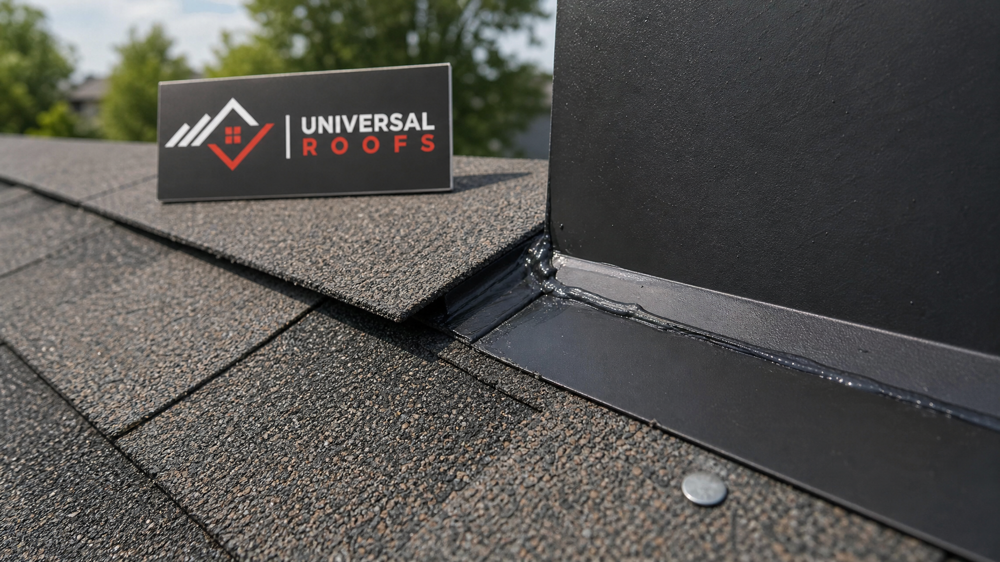 Close-up of properly sealed roof flashing and shingle edge after an emergency leak repair, showing clean sealant lines and secured shingle tabs
