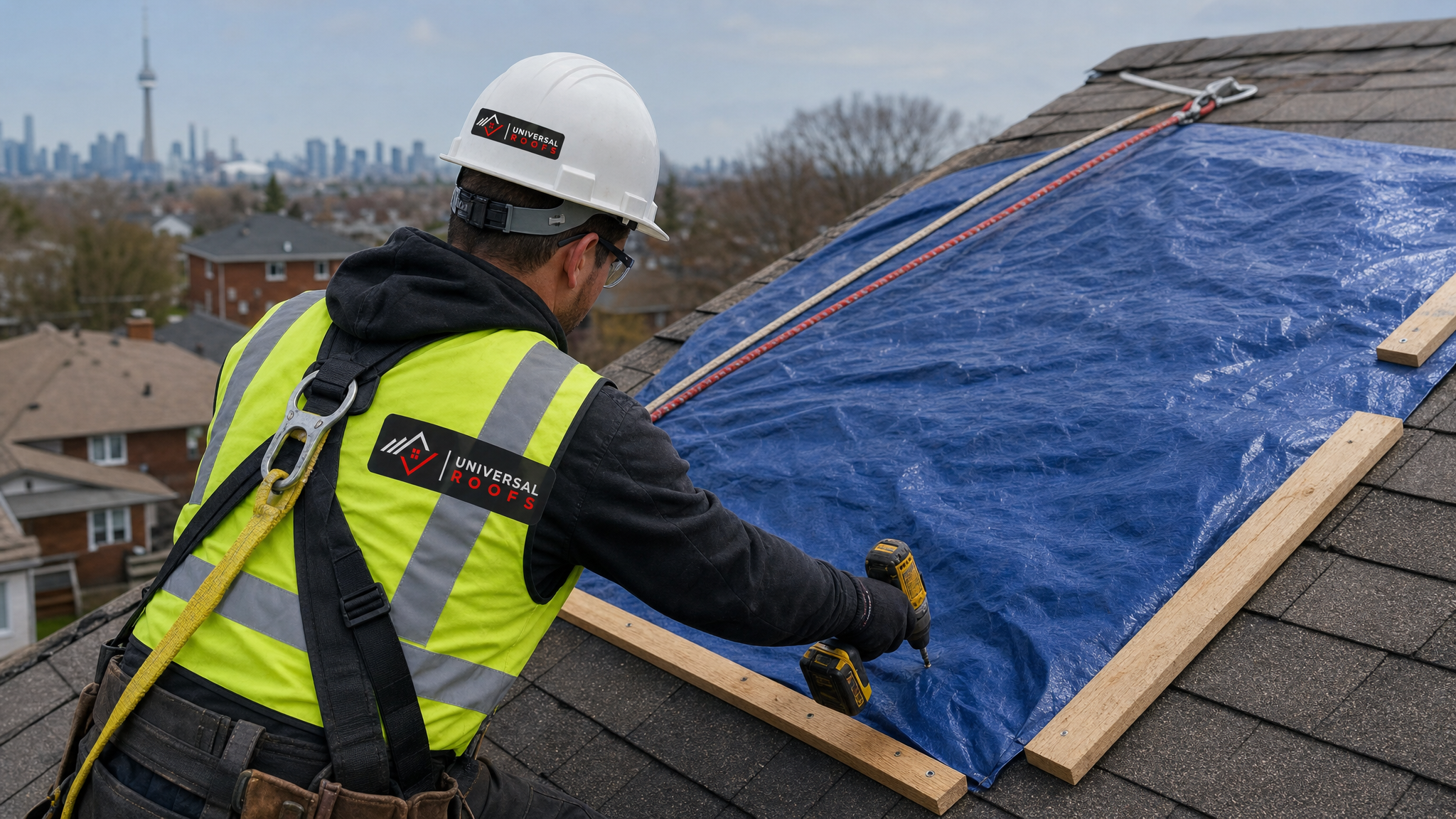 Roofer secured with a fall-protection harness applying an emergency tarp patch over storm damage on a residential Toronto roof in daylight