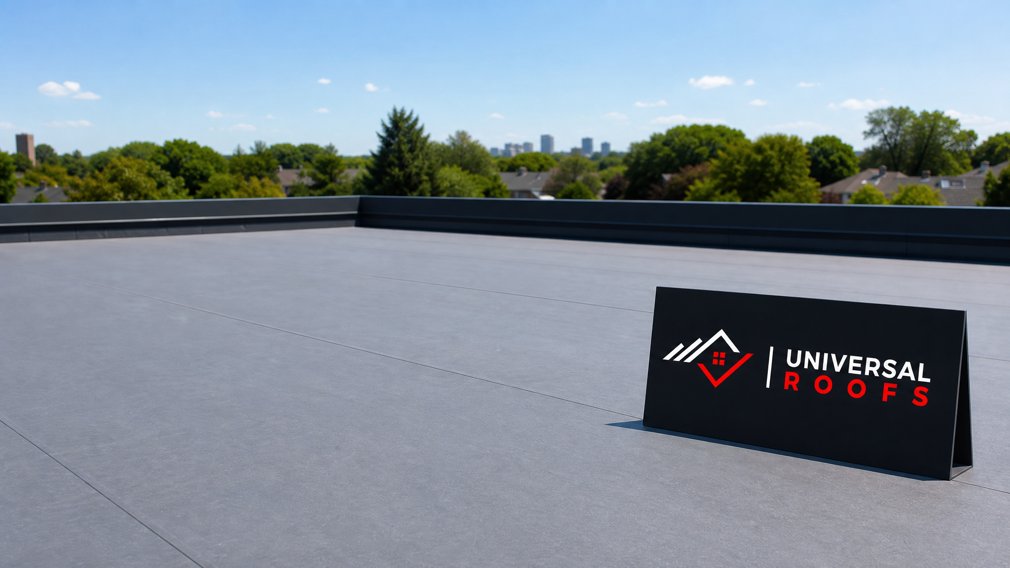 A repaired flat roof in Toronto on a clear summer day with a dry, intact membrane and a Universal Roofs sign placard resting nearby