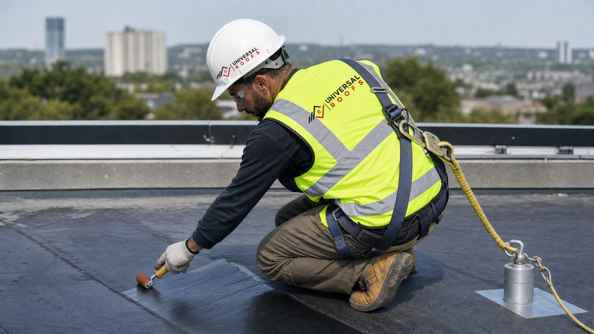 A roofer wearing full safety harness and PPE applying a temporary membrane patch to a flat roof leak in Toronto