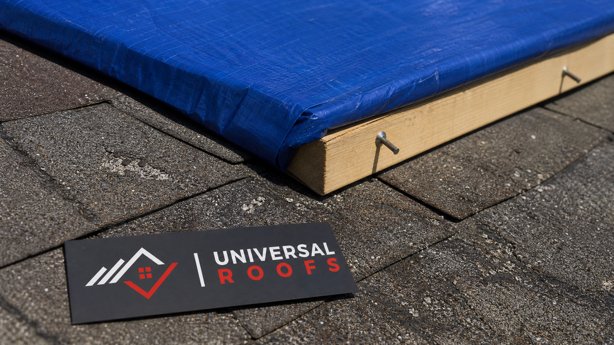 Close-up of a temporary roof tarp secured with wood board anchors over hail-damaged shingles, with a small Universal Roofs branded sign placard visible nearby
