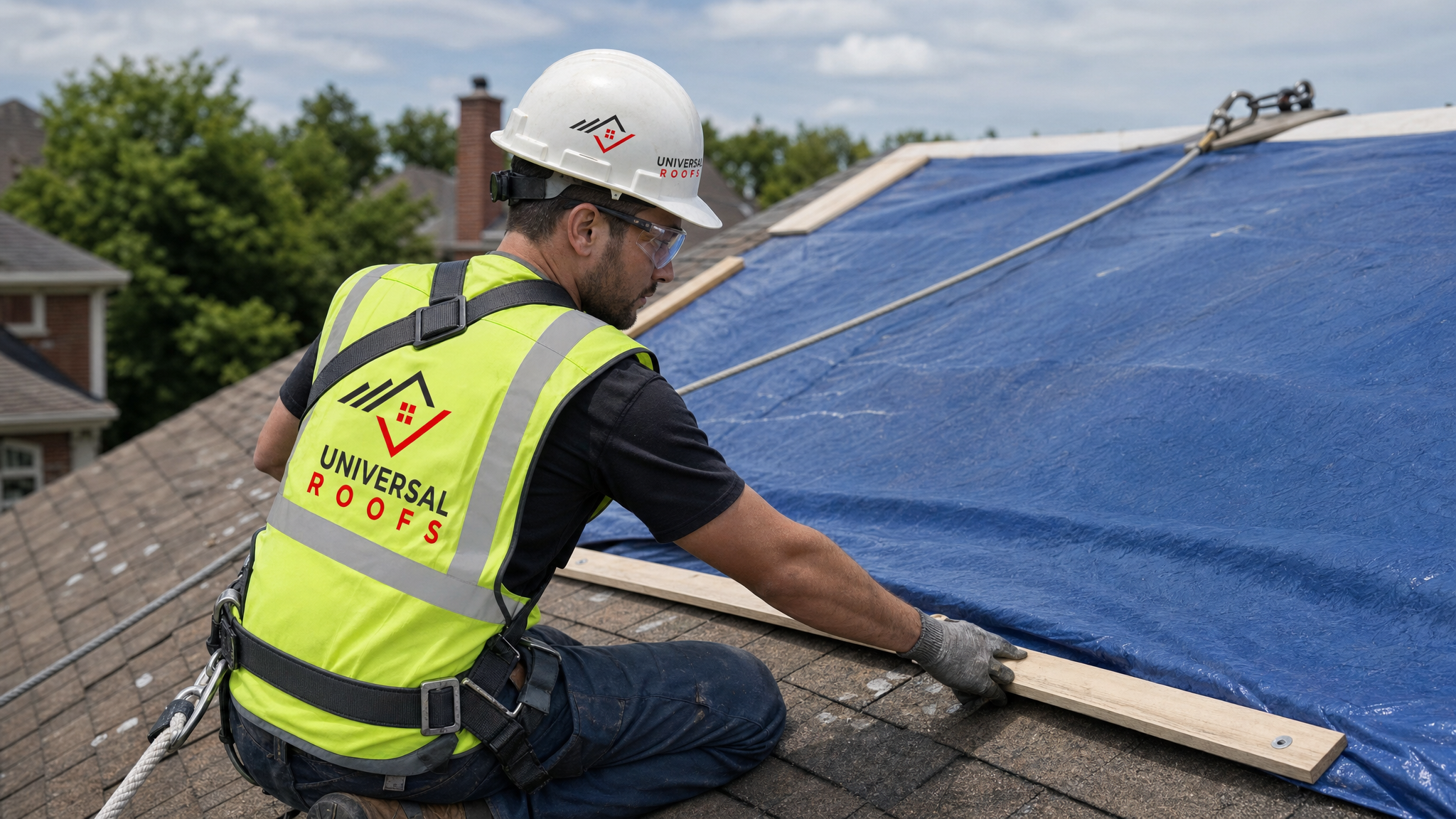 A roofer wearing full safety harness and PPE securing a protective tarp over a section of hail-damaged asphalt shingle roof on a Toronto home