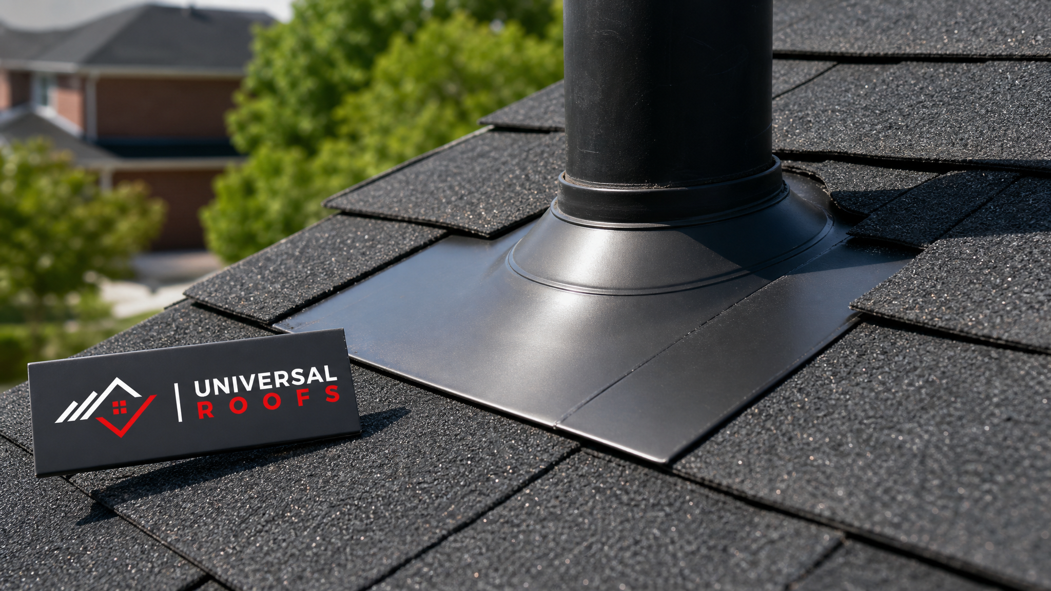 Close-up of newly installed roof flashing and shingle detail showing proper waterproof seal around a vent penetration