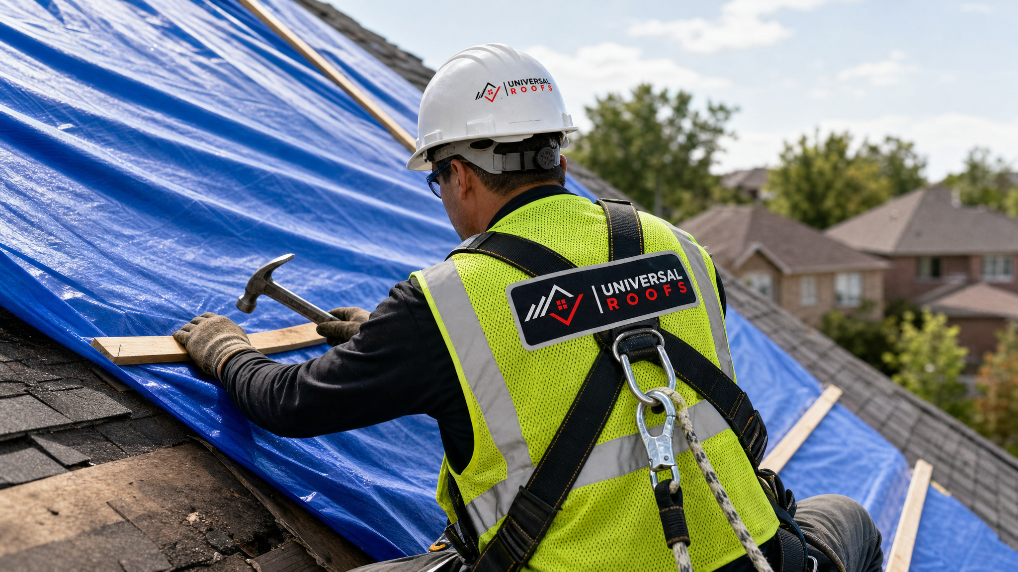 Roofer wearing full safety harness securing a tarp over storm-damaged shingles on a Toronto home during daylight