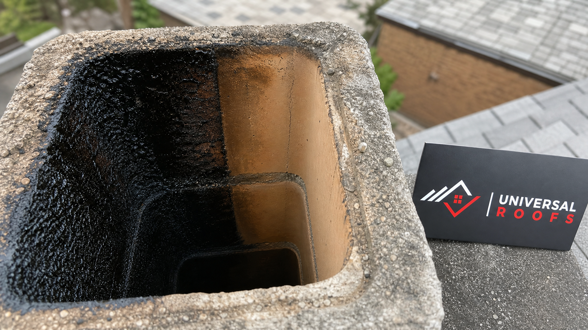 Close-up detail of a chimney flue liner interior showing the difference between clean brick and residual creosote staining