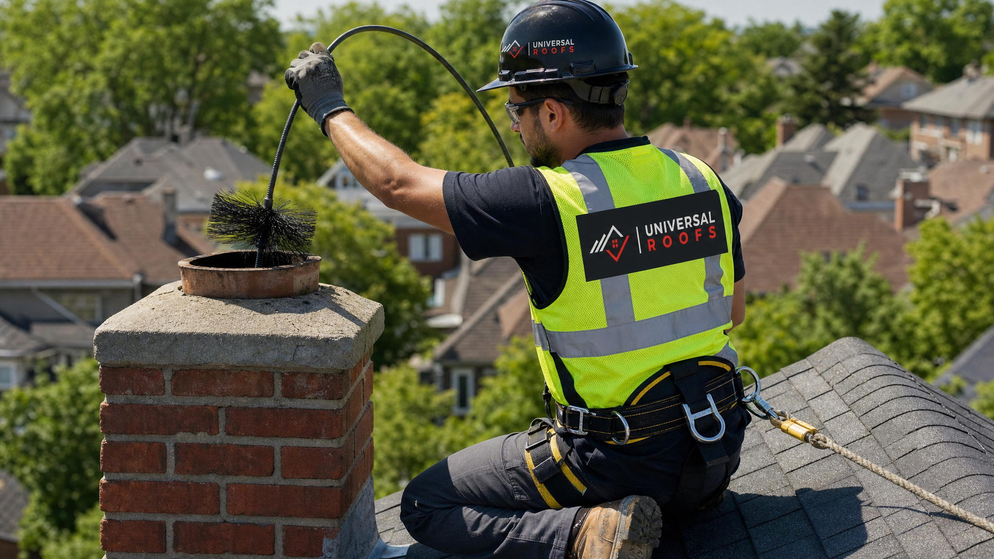 Roofing technician wearing full safety harness cleaning creosote from a chimney flue opening on a residential roof in the Toronto area