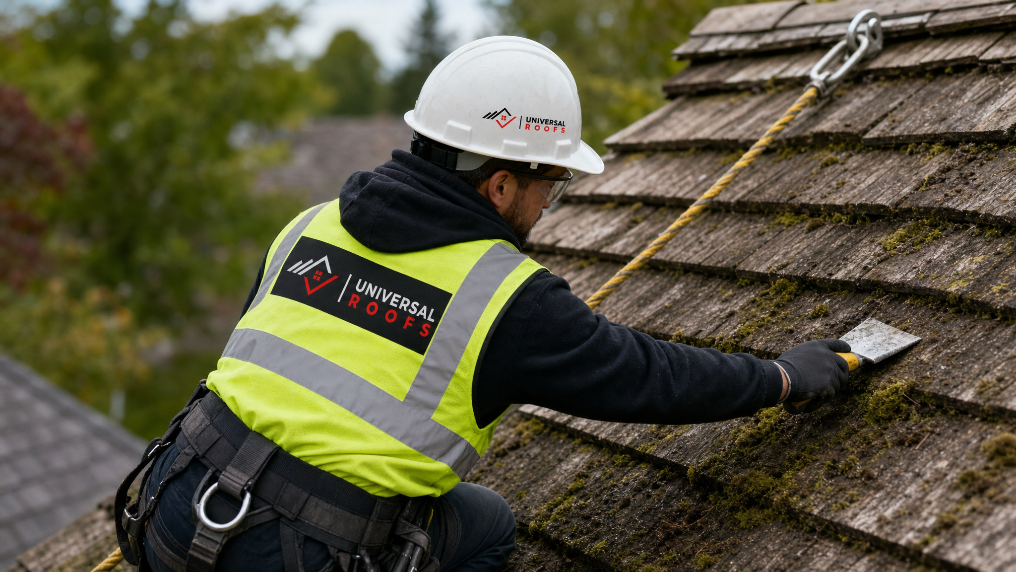 Roofing technician wearing full safety harness cleaning moss from a wood shake roof in Toronto