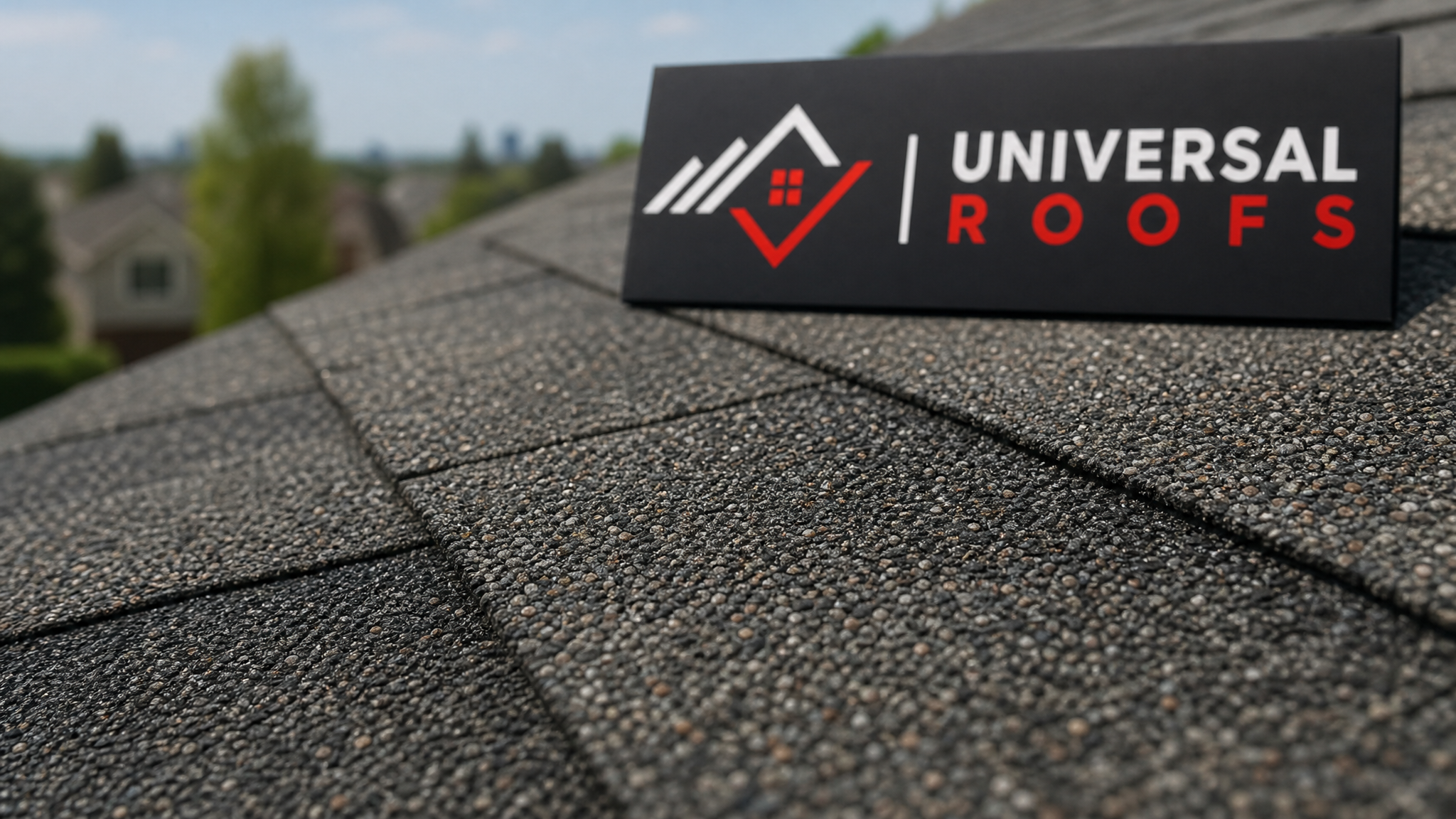 Close-up of a Class 4 impact-resistant asphalt shingle showing reinforced mat texture next to a branded inspection sign