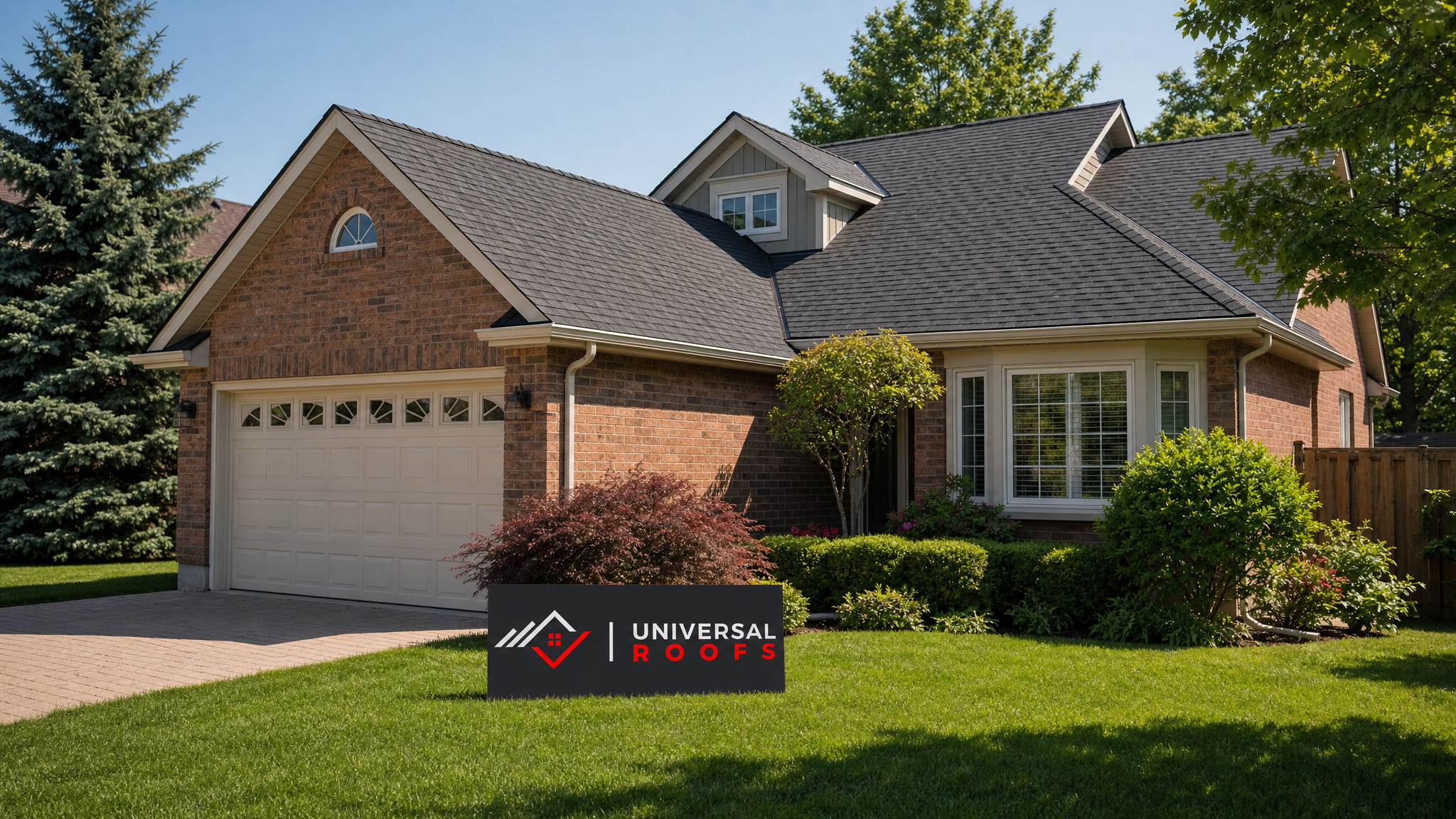 Freshly repaired asphalt shingle roof on a Toronto home after hail damage repair, clear summer sky