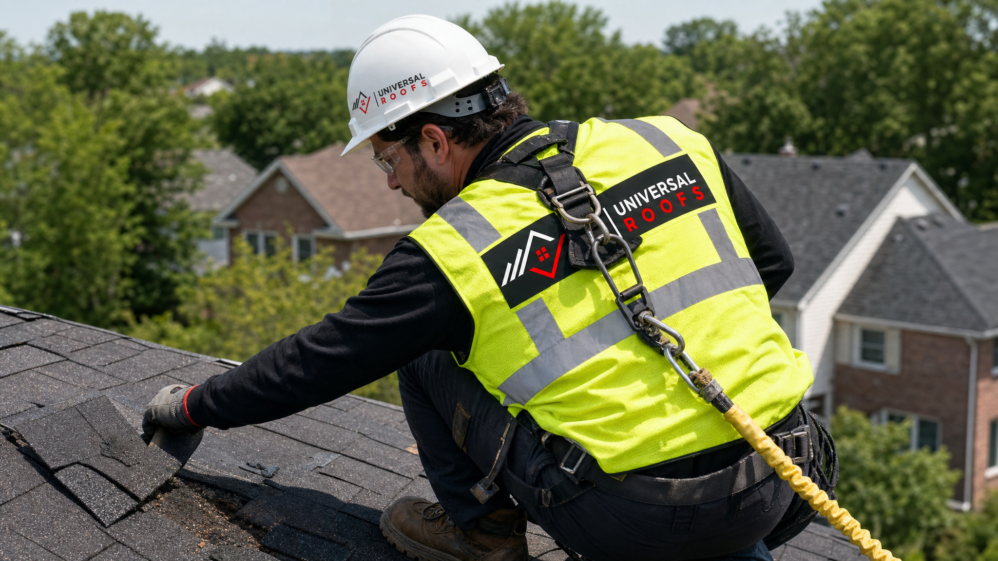 Roofer wearing full safety harness inspecting and replacing hail-damaged asphalt shingles on a residential roof