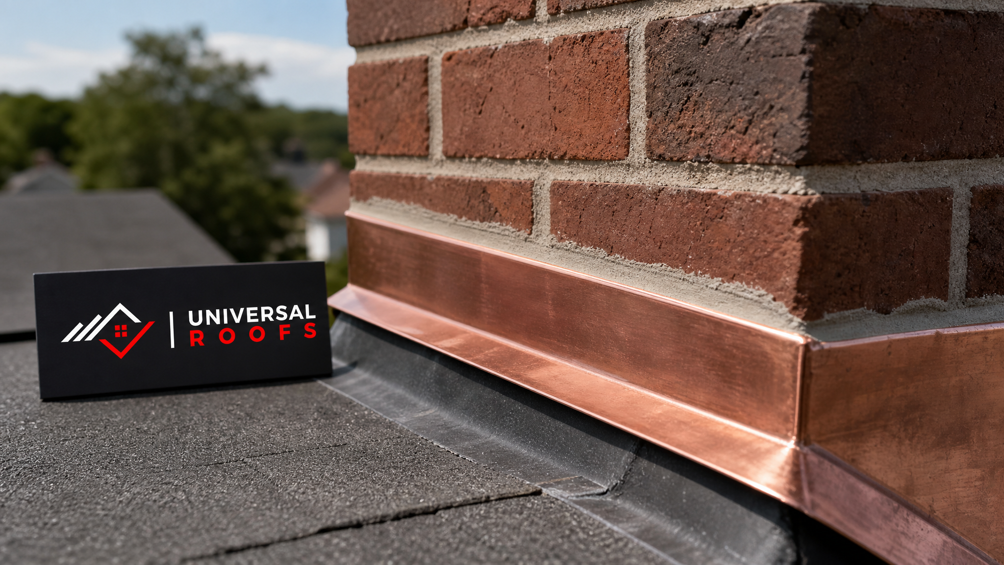 Close-up of freshly repointed chimney mortar joints and new copper counter-flashing detail