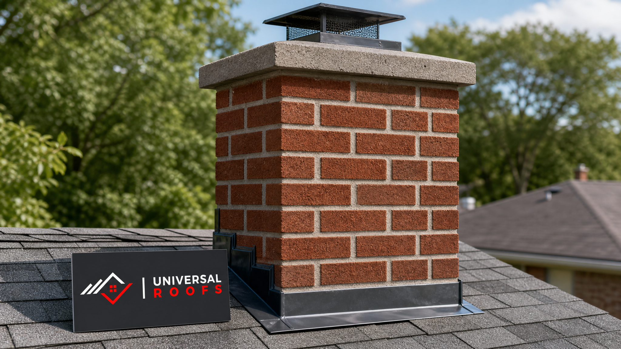 Freshly restored brick chimney with clean mortar joints and new flashing on a Toronto home roof in summer daylight