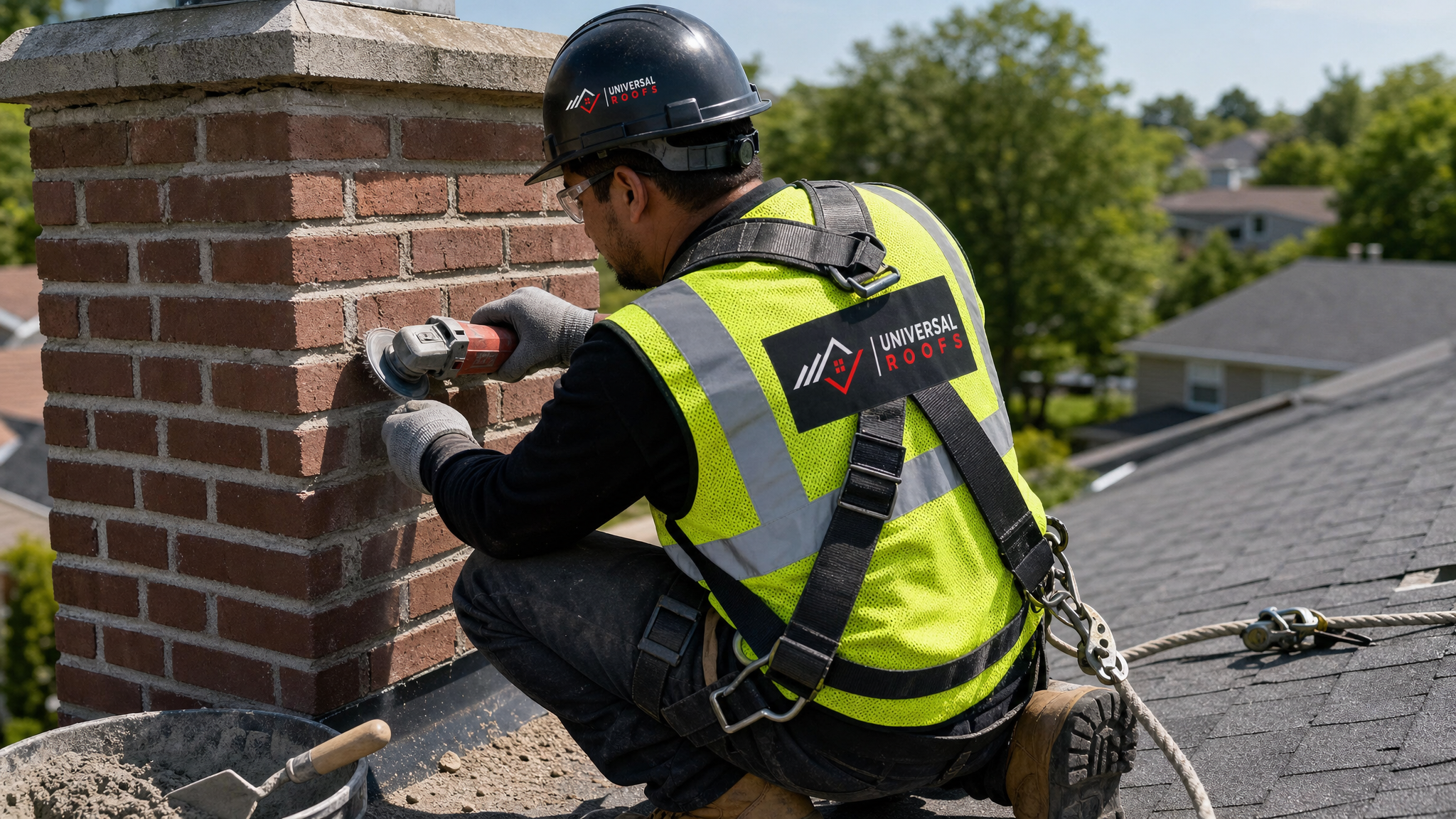 Roofer wearing full safety harness repointing chimney mortar joints on a residential roof in Toronto