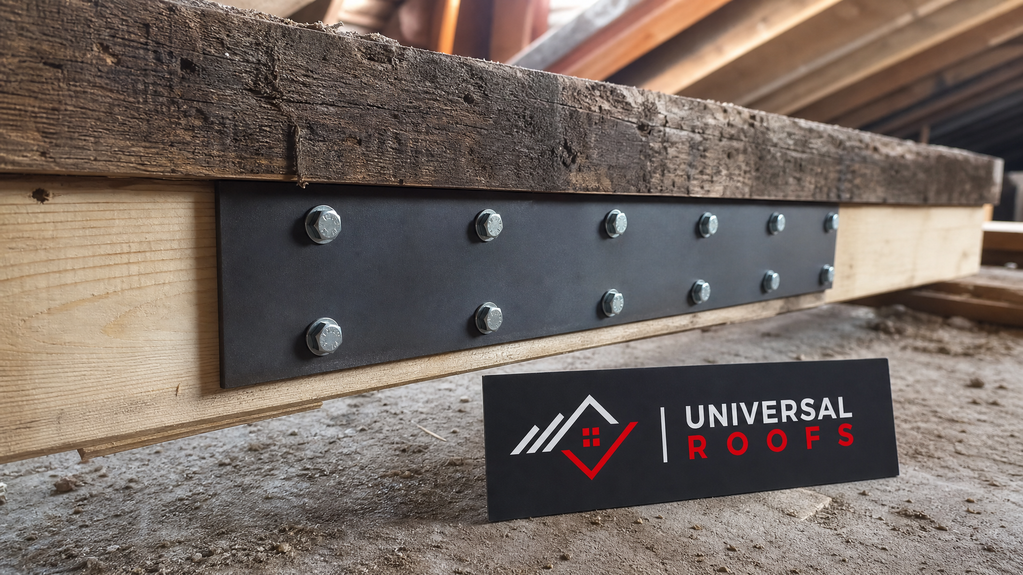 Close-up of a flitch plate steel reinforcement bolted to a wooden roof beam during historic roof restoration