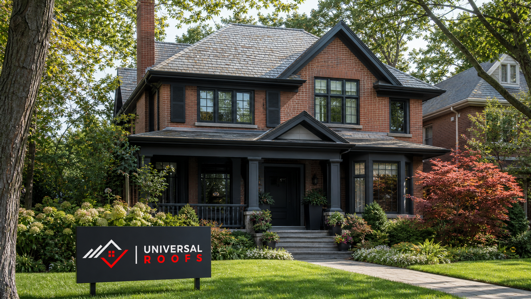 Restored heritage home roofline in Toronto with straightened ridge line and matching period shingles under summer daylight