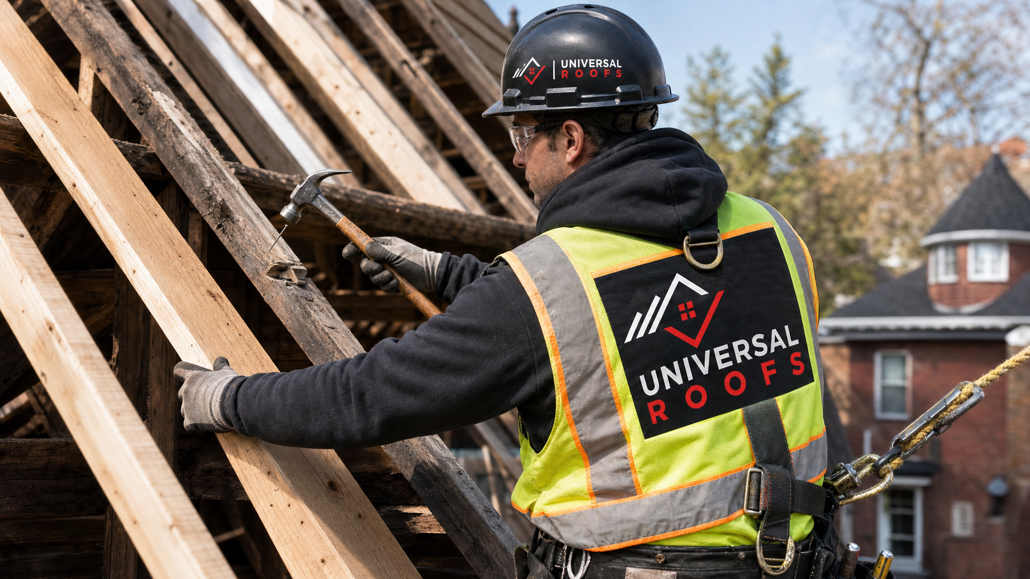 Roofer wearing full safety harness sistering a rafter on a sagging historic roof in Toronto during daylight
