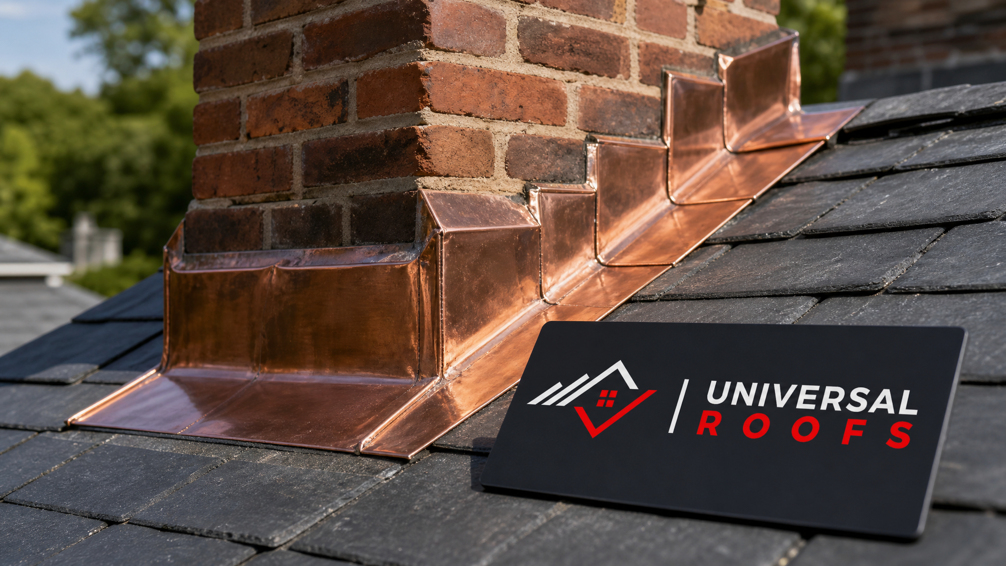 Close-up of hand-formed copper flashing and matched slate tiles showing precise heritage roofing detail work