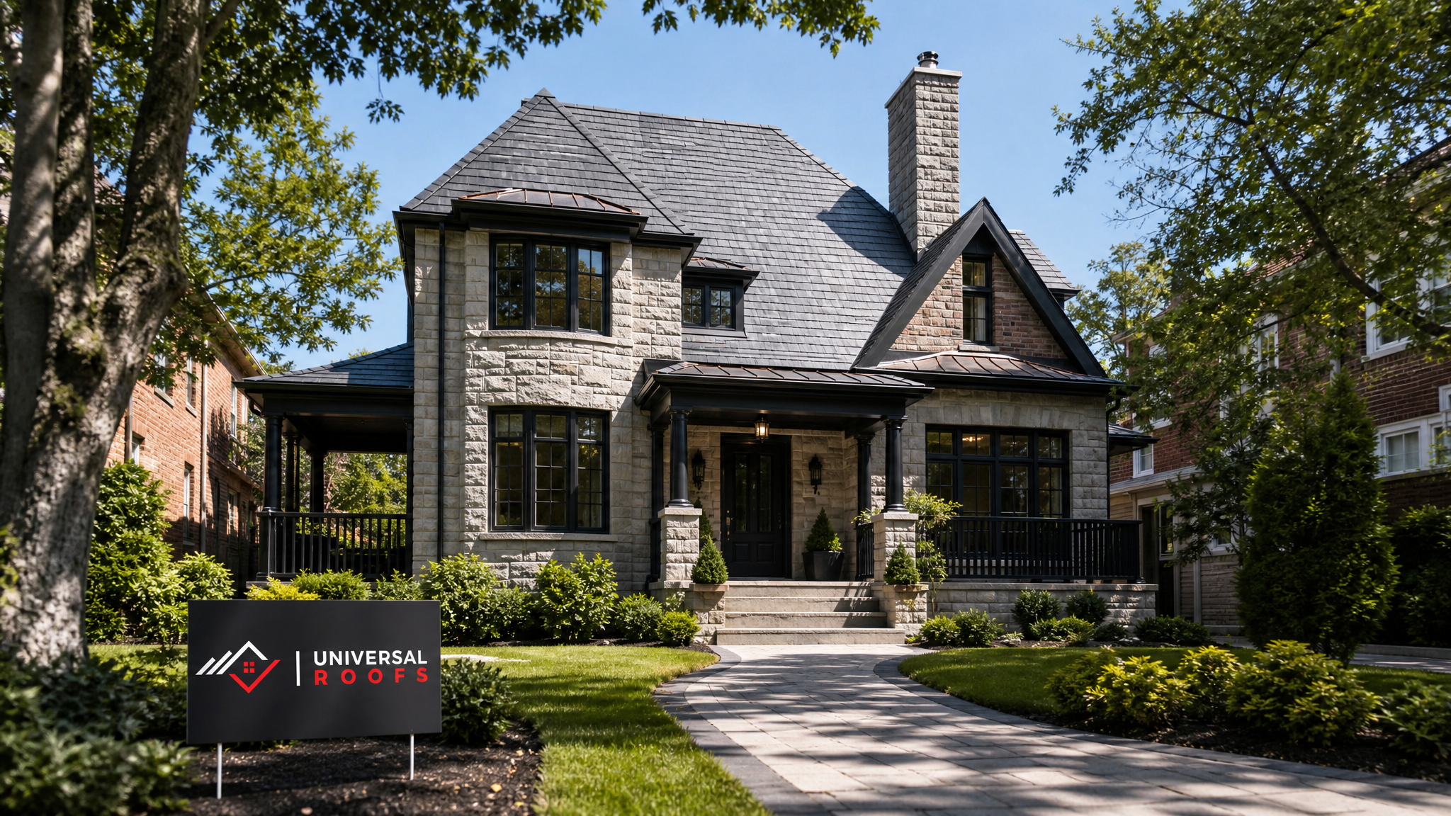 Restored heritage home with original slate roof gleaming in summer sunlight, Toronto neighbourhood setting