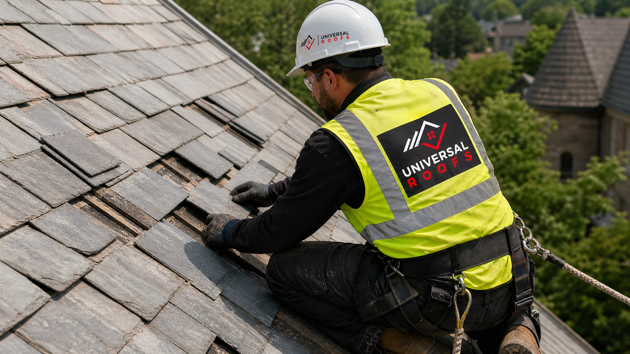 Roofer wearing full safety harness carefully removing and matching original slate tiles on a heritage roof in daylight
