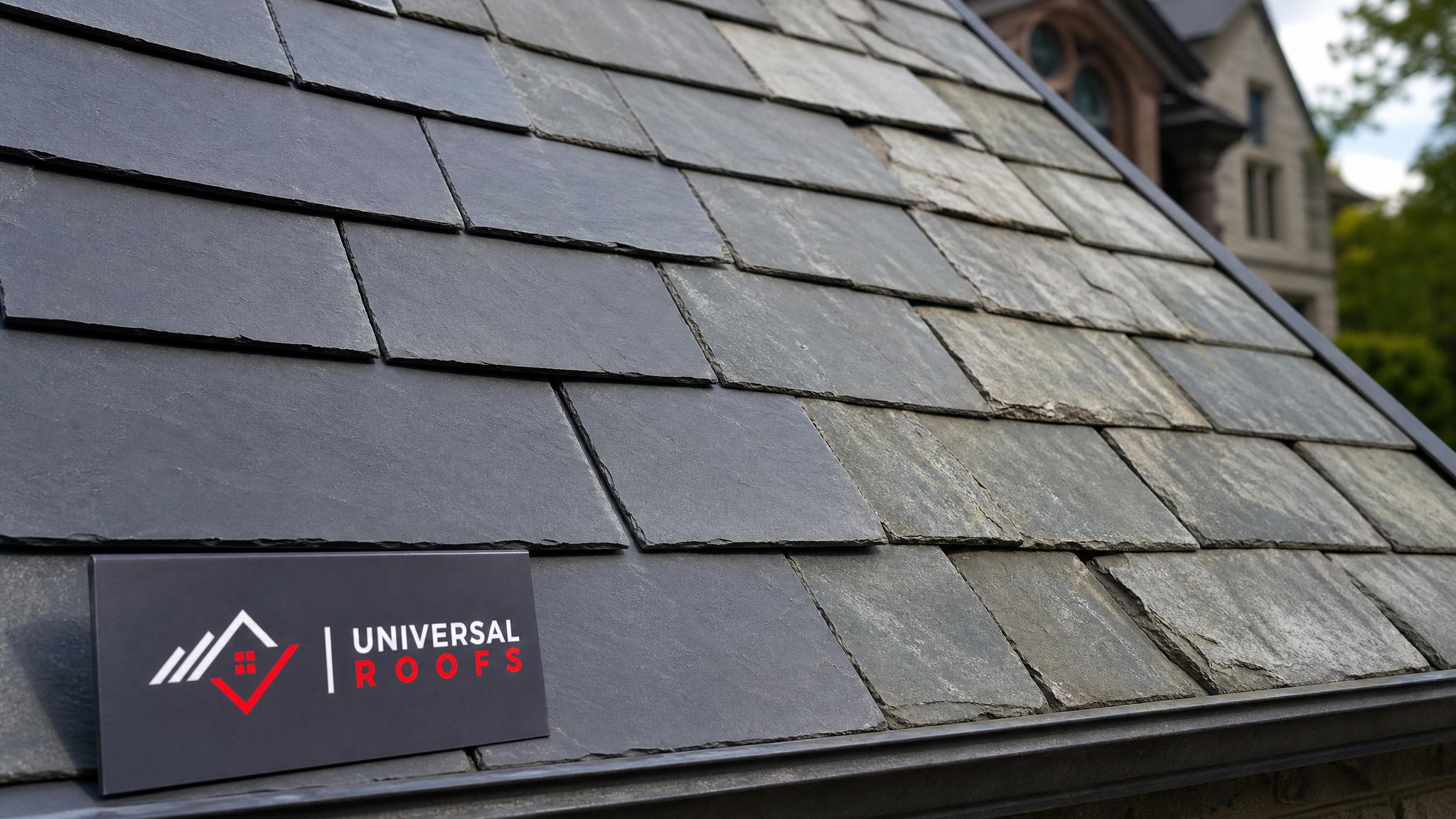 Close-up detail of matched slate tile texture and colour after historical roof hail damage restoration