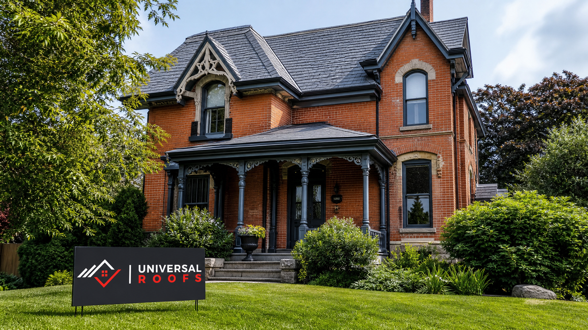 Restored heritage home roof with slate tiles after hail damage repair in Toronto