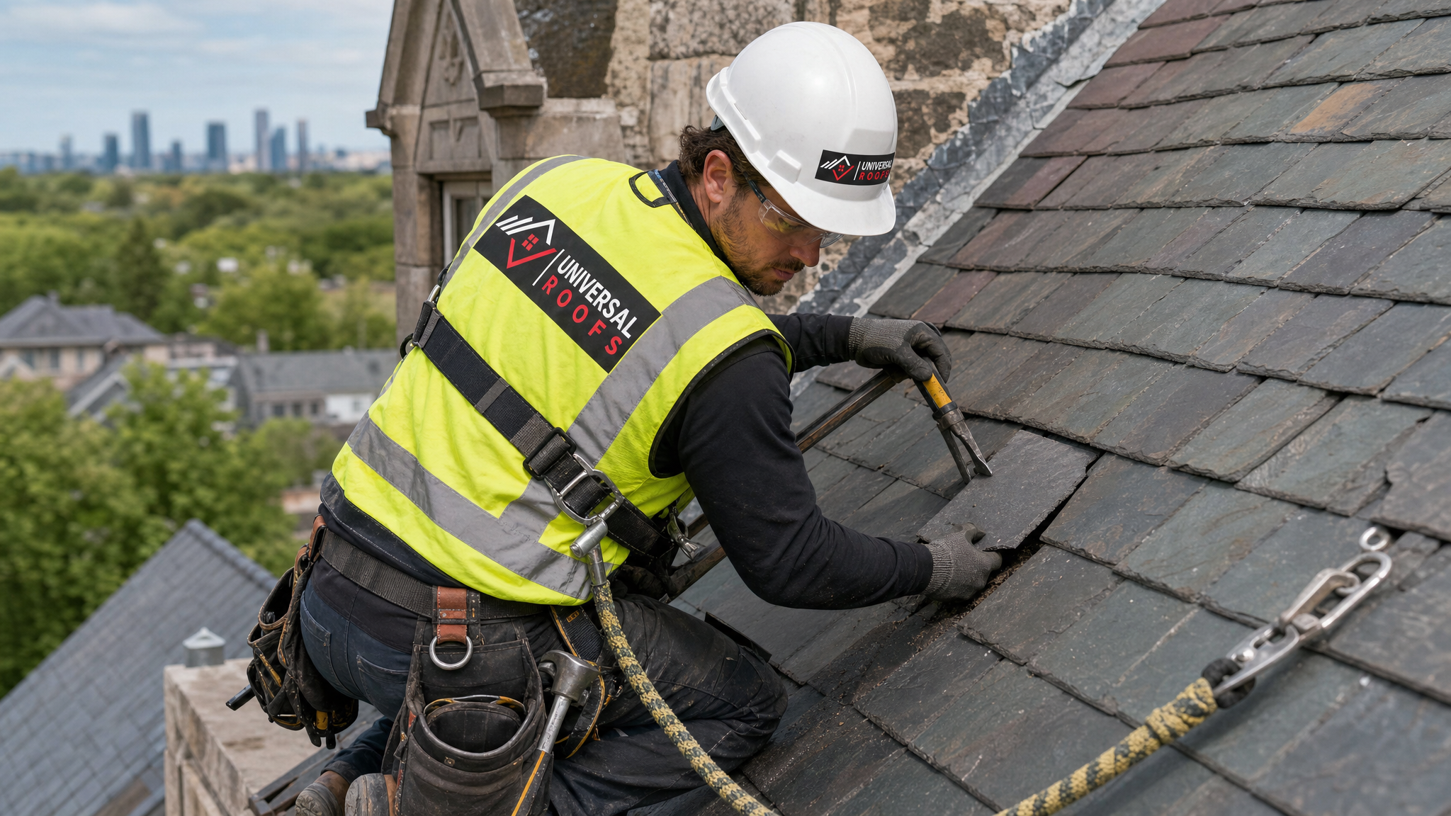 Roofer wearing fall protection harness carefully replacing a cracked slate tile on a historical roof