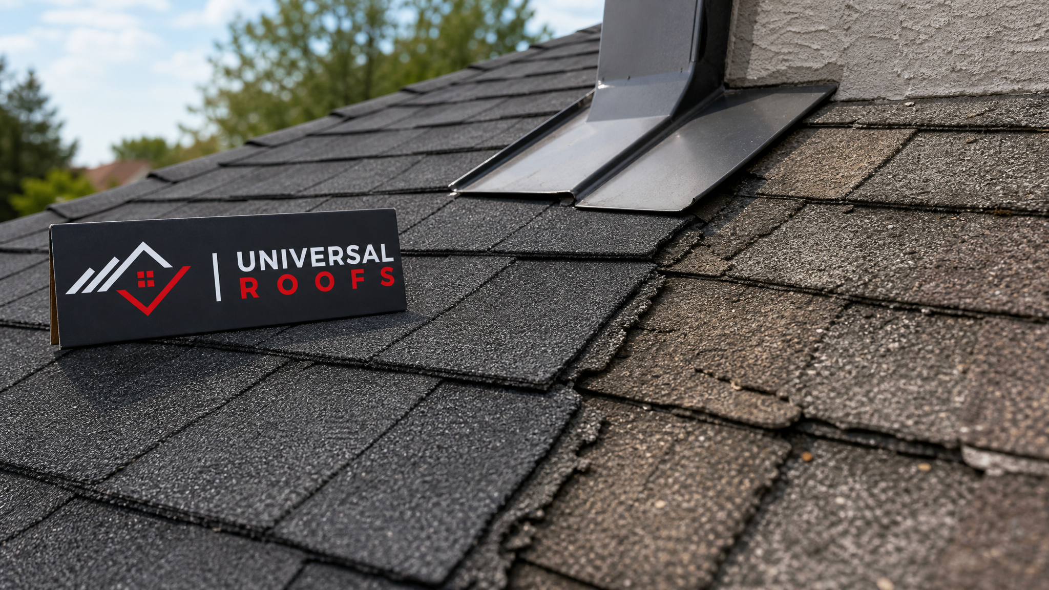 Close-up detail of matched vintage-style asphalt shingles and hand-formed flashing on an older Toronto home roof