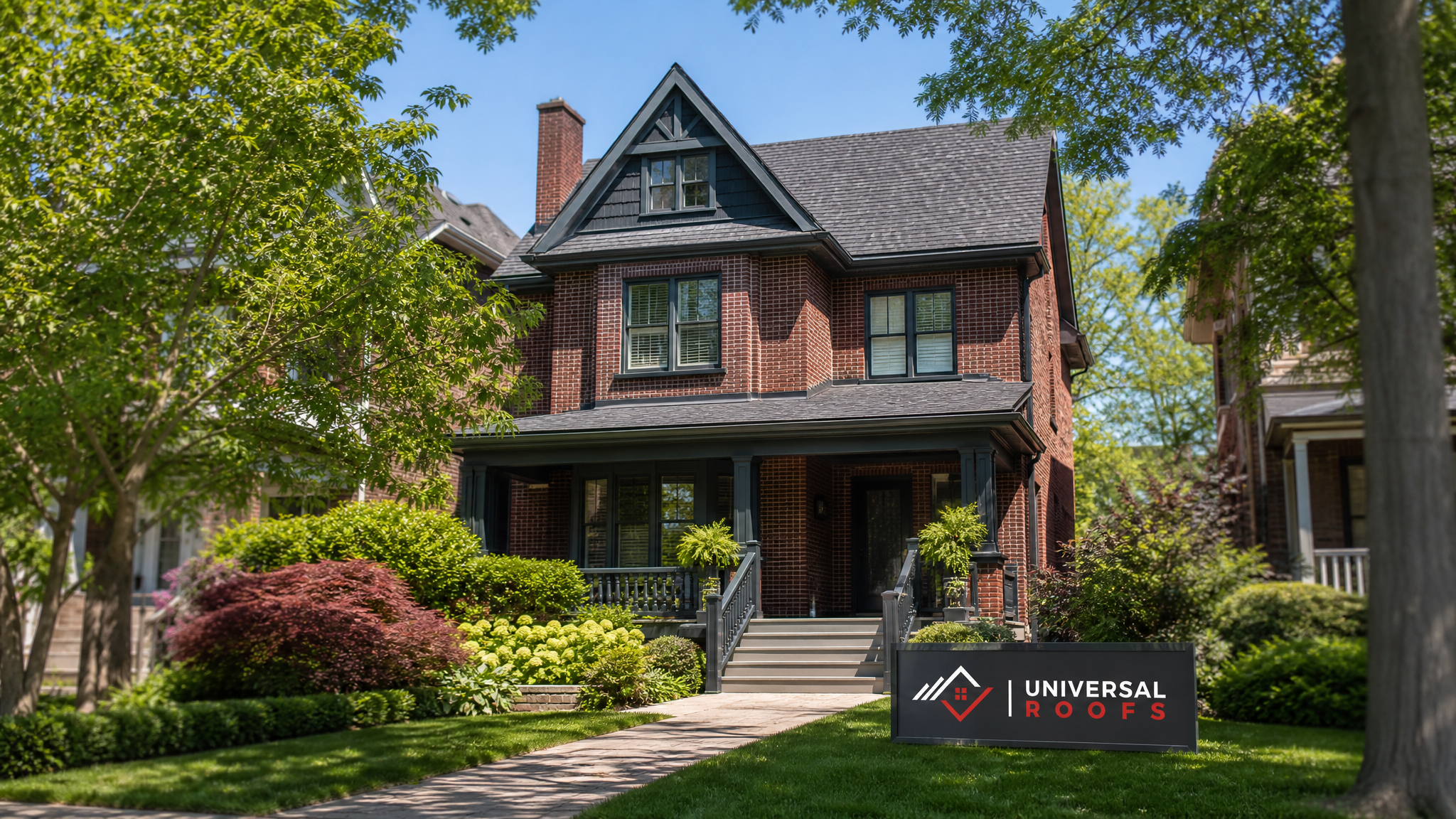 Restored vintage home roof with matching asphalt shingles in excellent condition under summer daylight in a Toronto neighbourhood