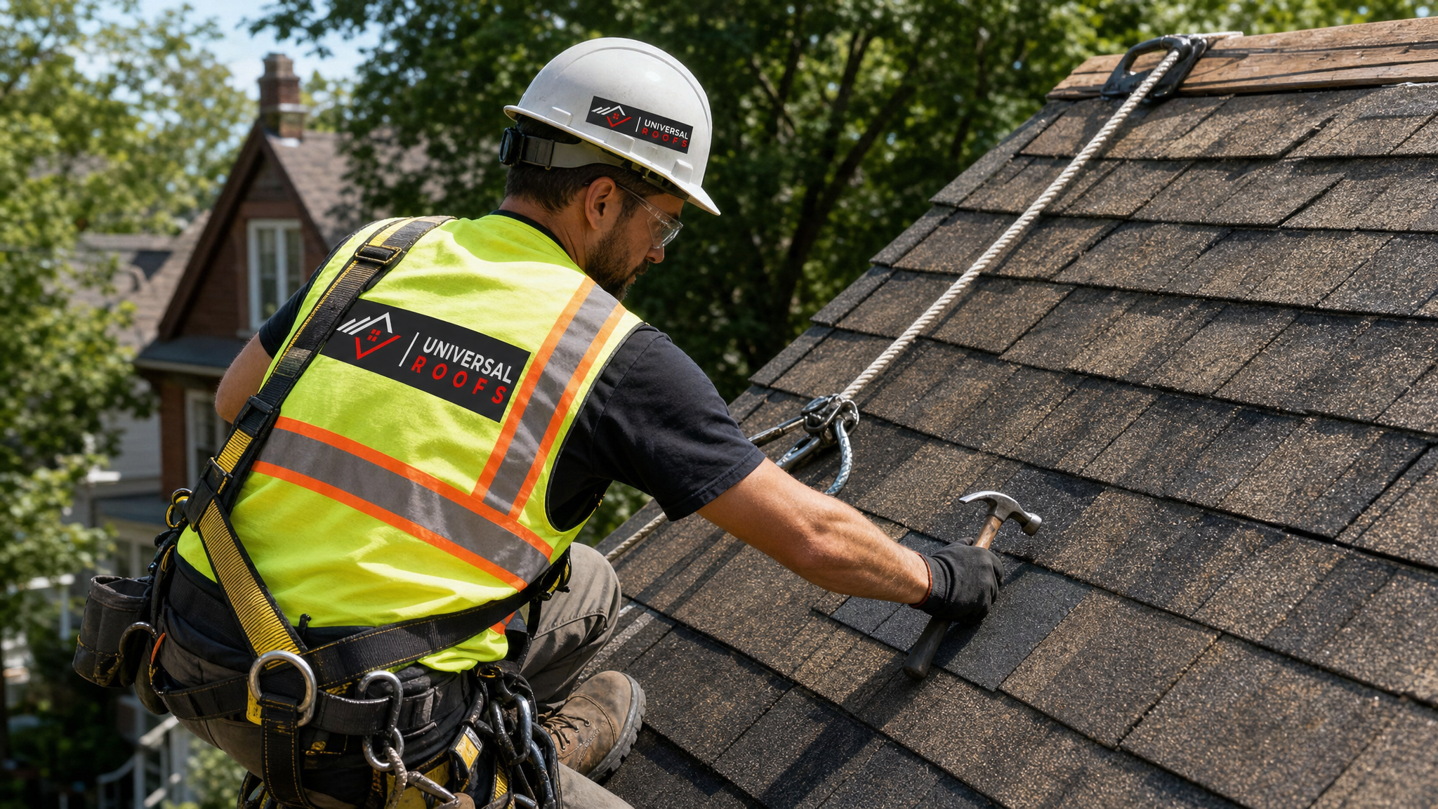 Roofer wearing full safety harness and PPE carefully hand-nailing a matched replacement shingle into an existing vintage roof section