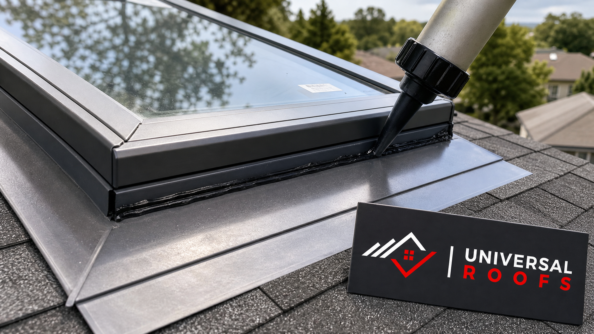 Close-up of new flashing and glazing seal being applied to a skylight