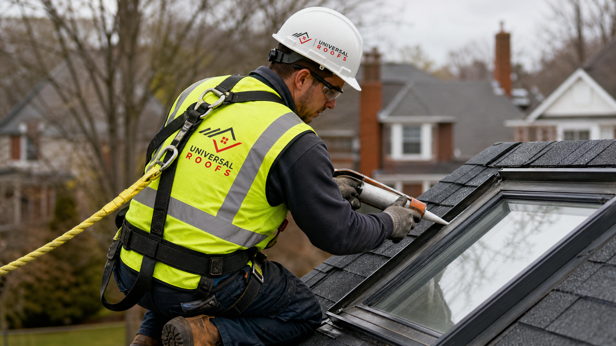 A roofer in full safety gear resealing and reglazing a skylight on a Toronto roof