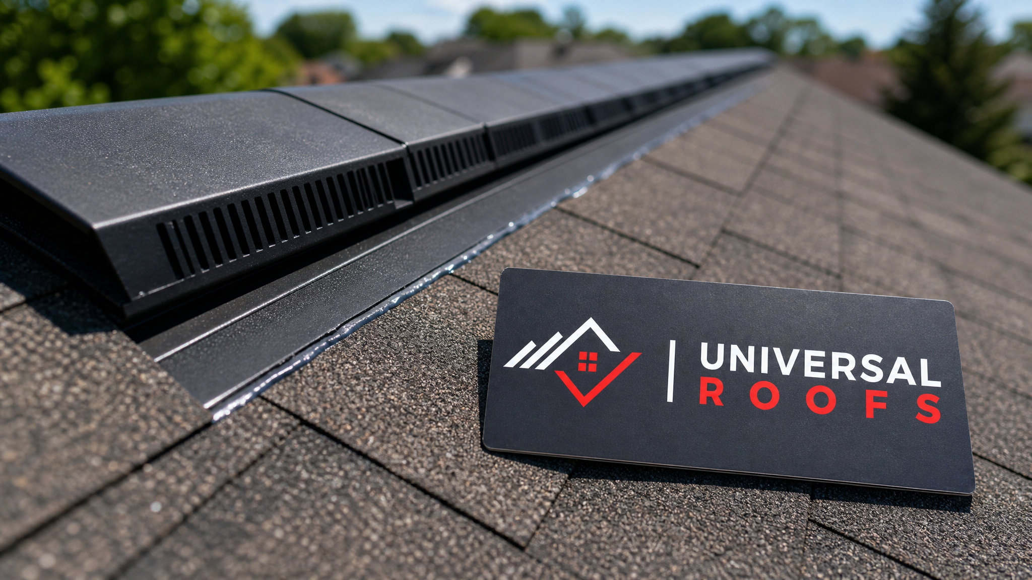 Close-up of new ridge vent installation and sealed flashing detail on an aging asphalt shingle roof