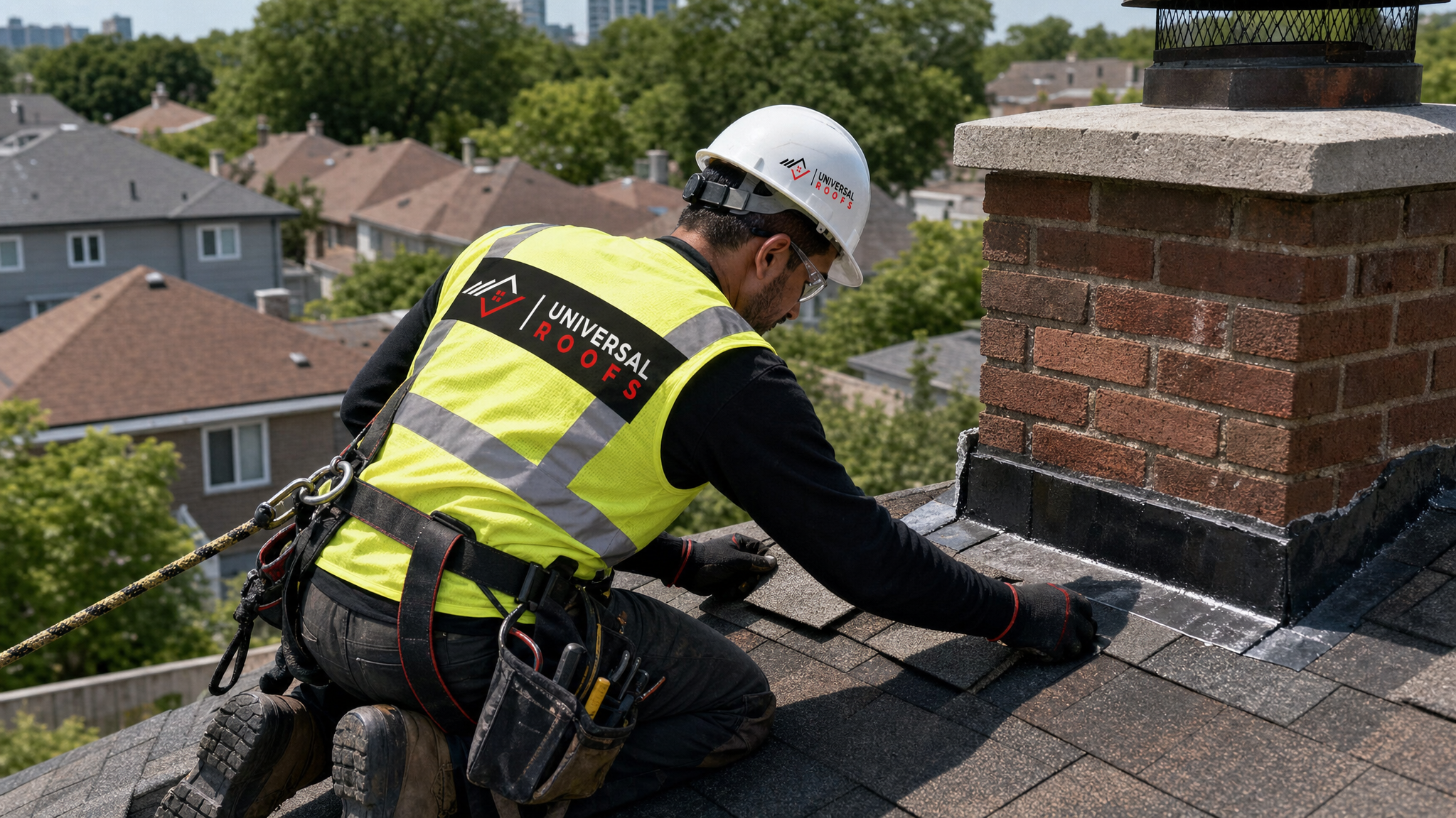 Roofer wearing full safety harness replacing damaged shingles and flashing on a residential roof