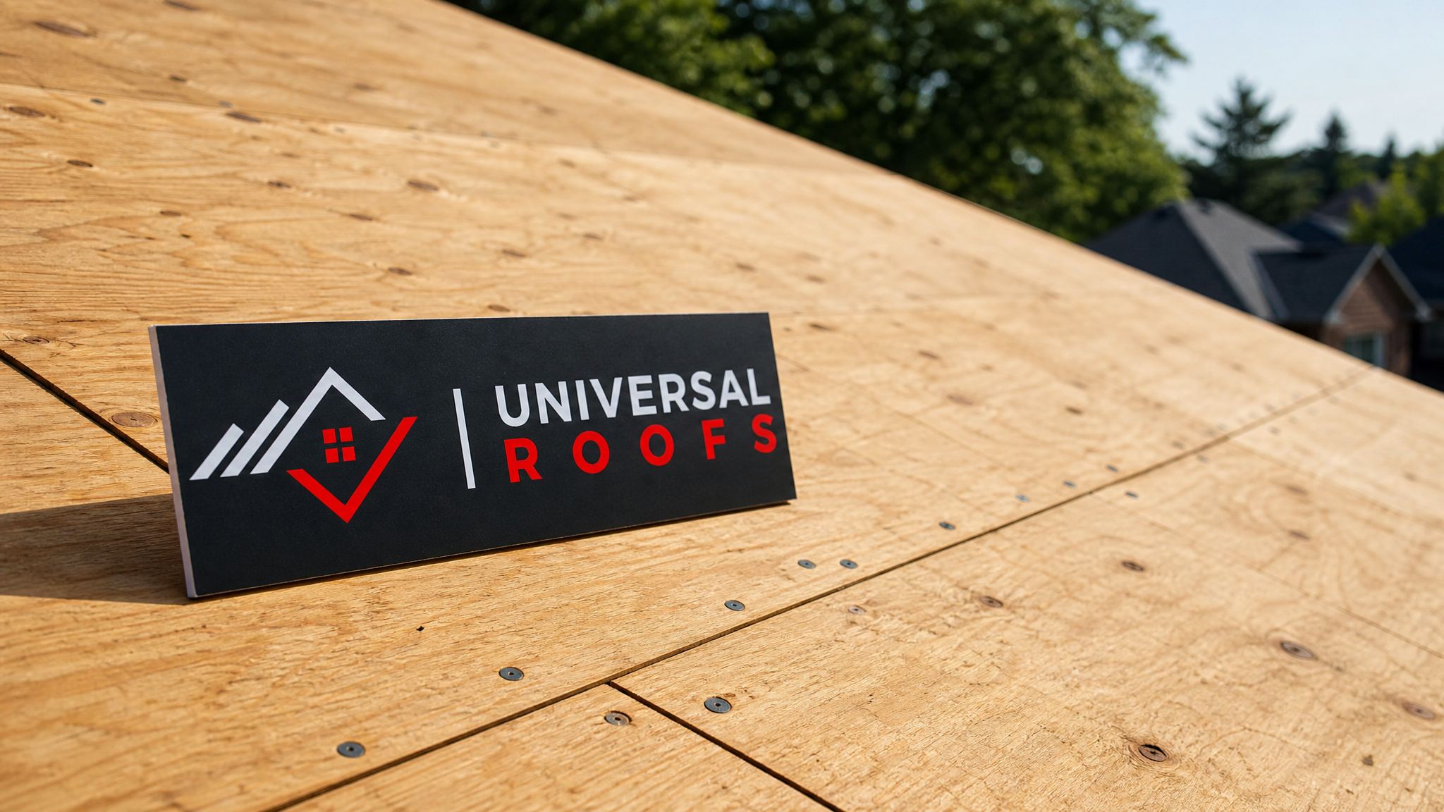 Close-up of new plywood roof sheathing panel edges with ring-shank nails and a Universal Roofs branded sign placard nearby