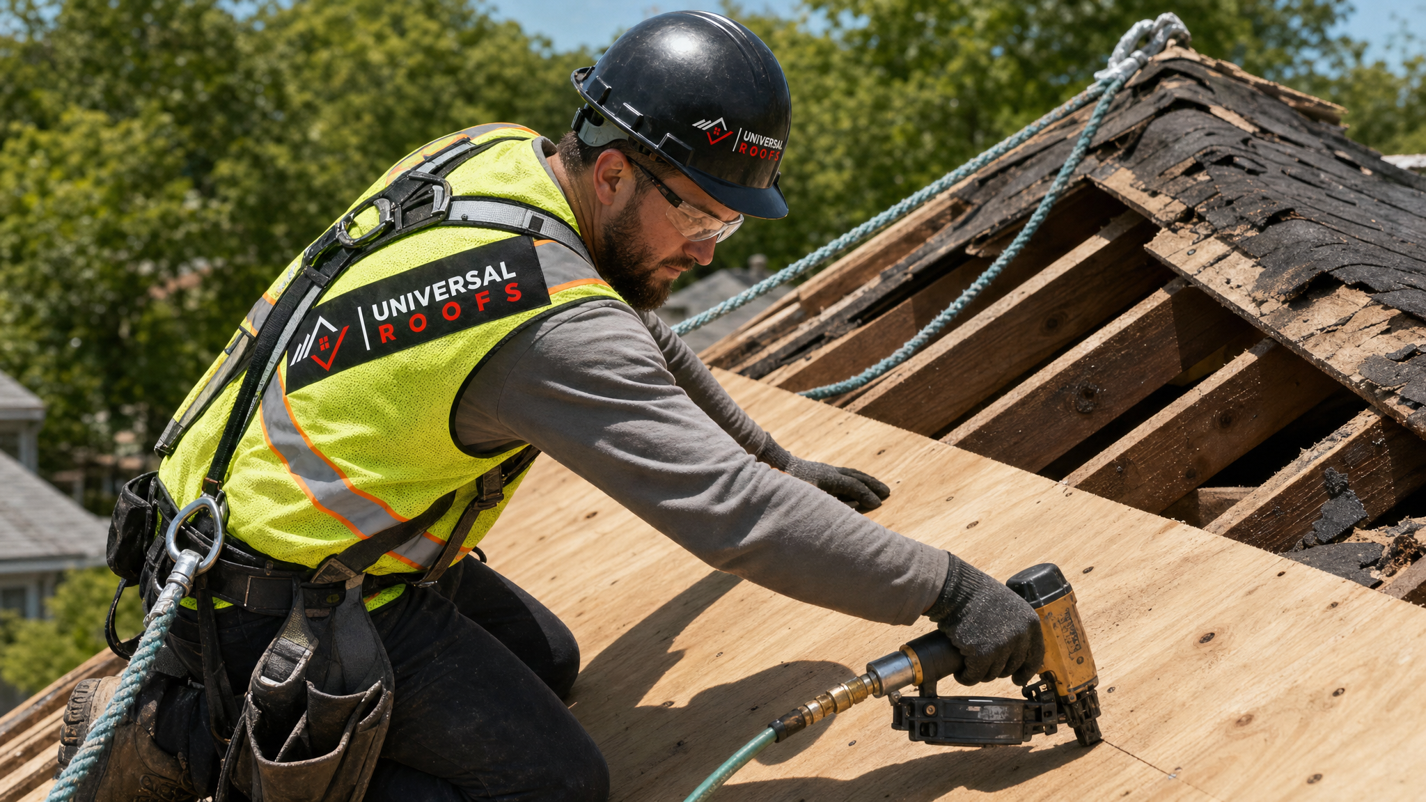 Roofer wearing hard hat, safety glasses, gloves, harness and safety rope installing new plywood roof decking on a sloped roof