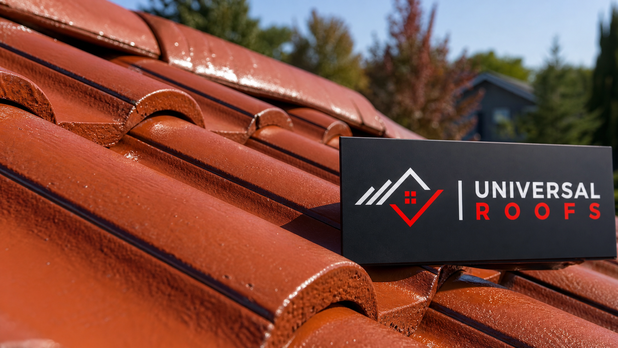 Close-up detail of restored clay roof tiles showing renewed colour and sealant sheen with a Universal Roofs branded sign nearby