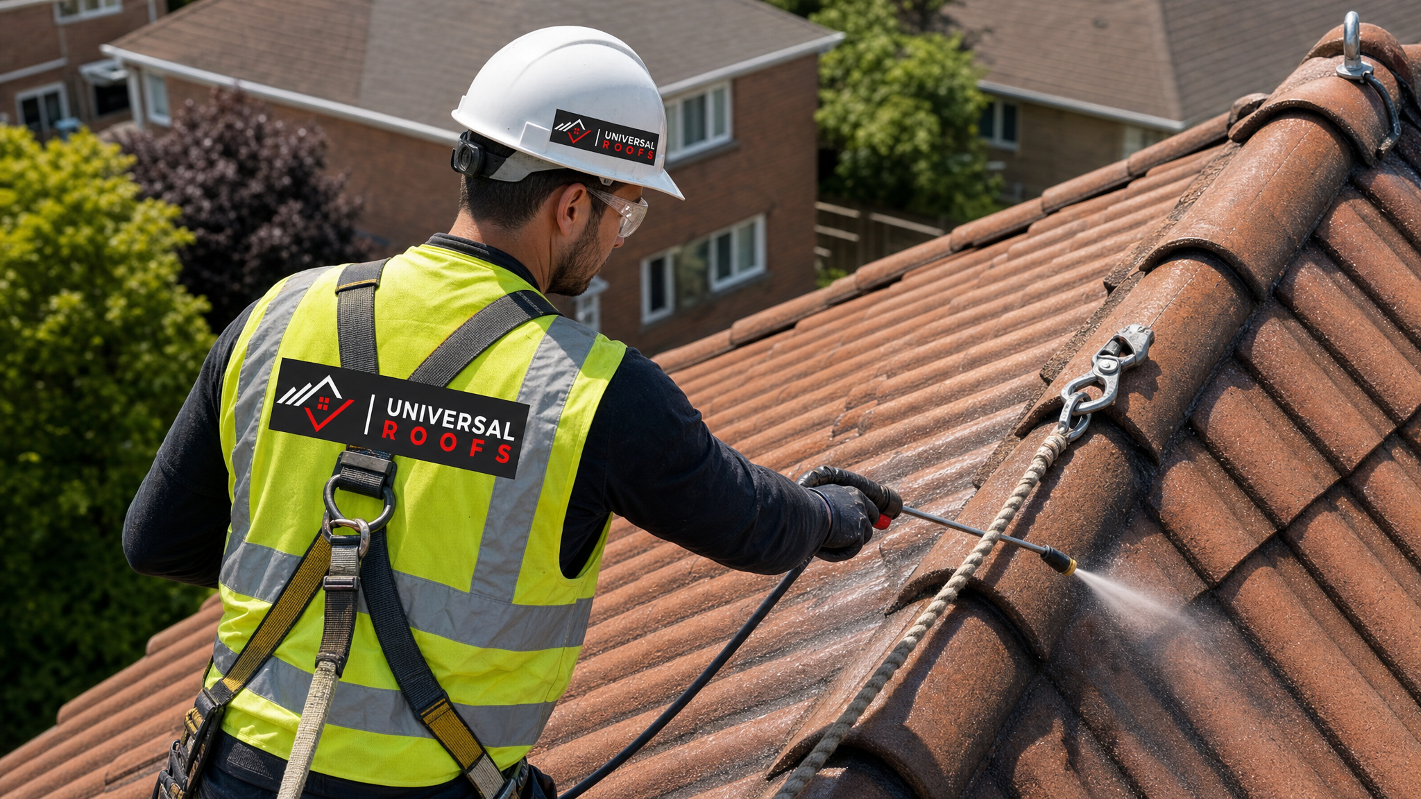 Roofing technician in full safety harness soft washing a faded clay tile roof with low-pressure cleaning equipment