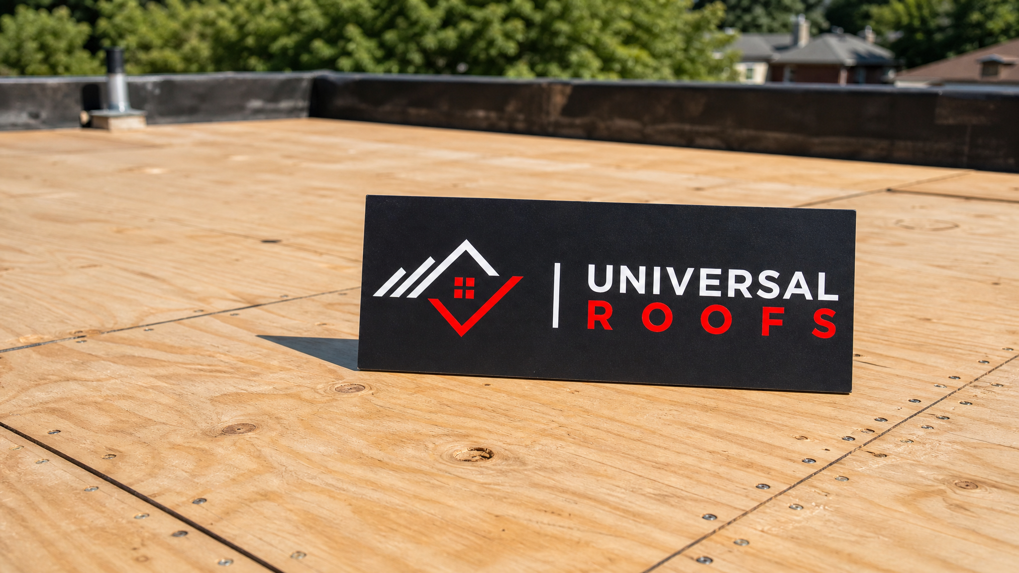 Close-up of new plywood decking seams and fasteners on a flat roof before membrane installation