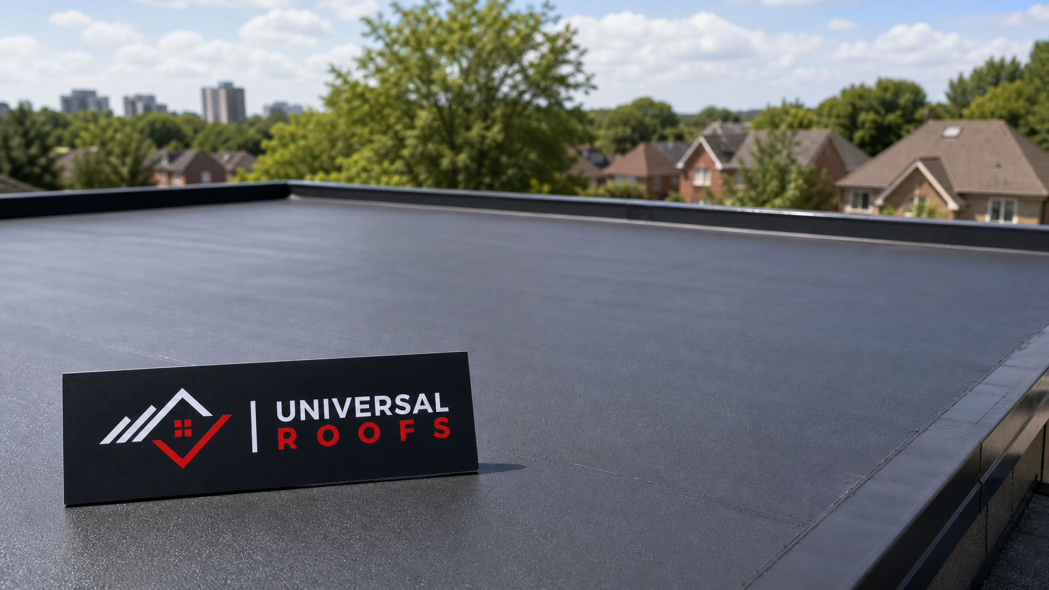 Newly repaired flat roof deck with fresh membrane installed under clear summer sky in a Toronto suburb
