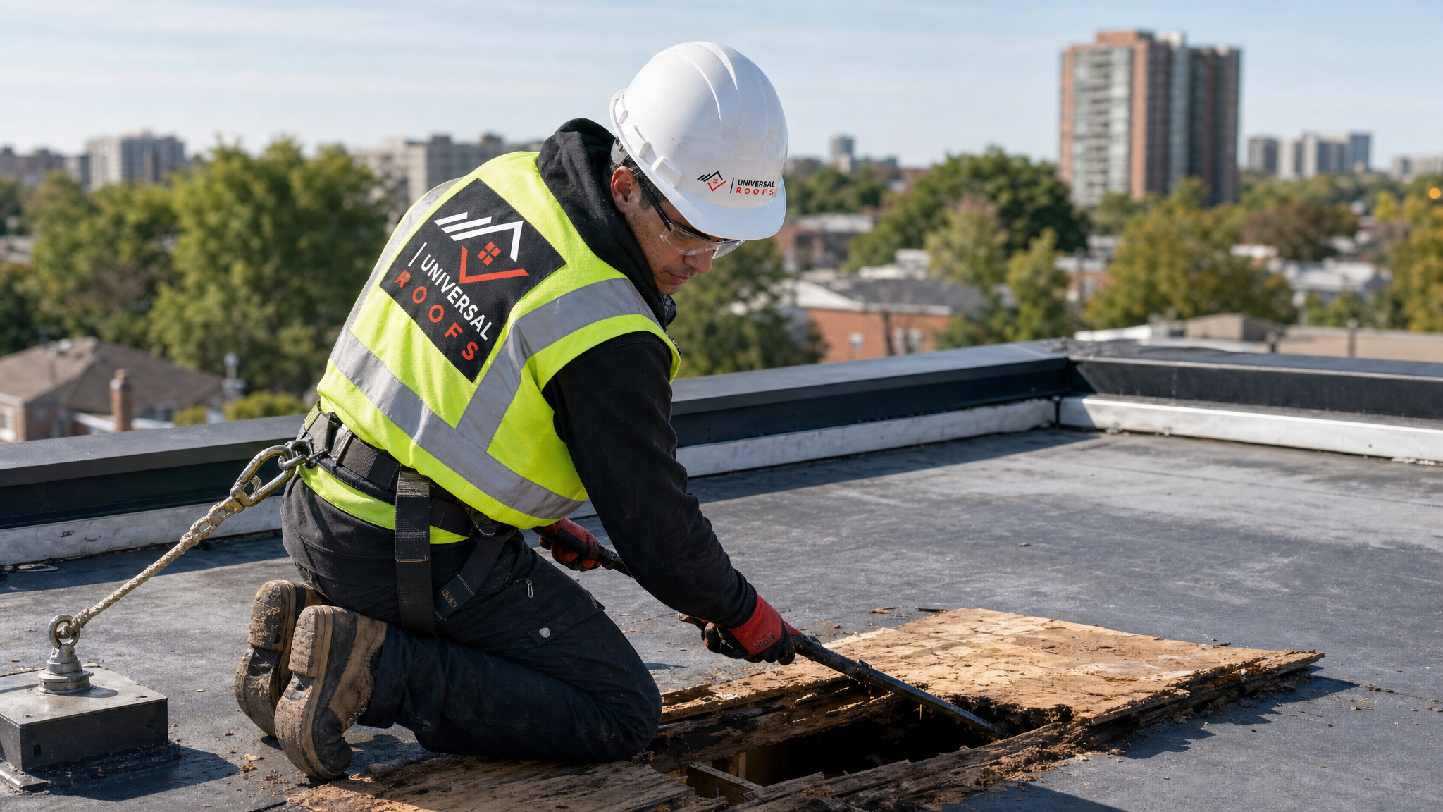 Roofer wearing full safety harness cutting out rotted plywood decking on a flat roof in daylight