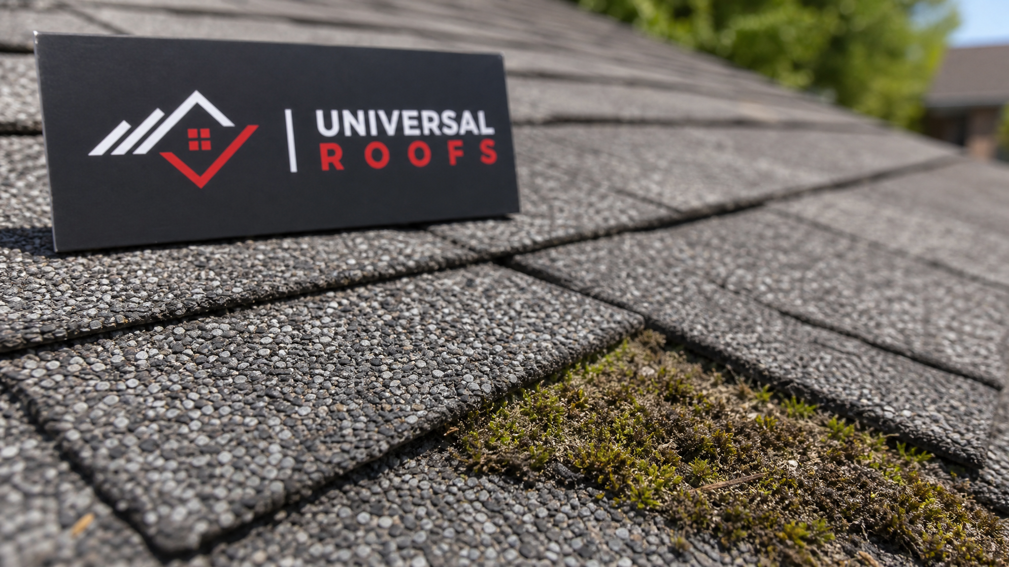 Close-up detail of clean asphalt shingle granules next to a moss-affected shingle edge showing the contrast after treatment