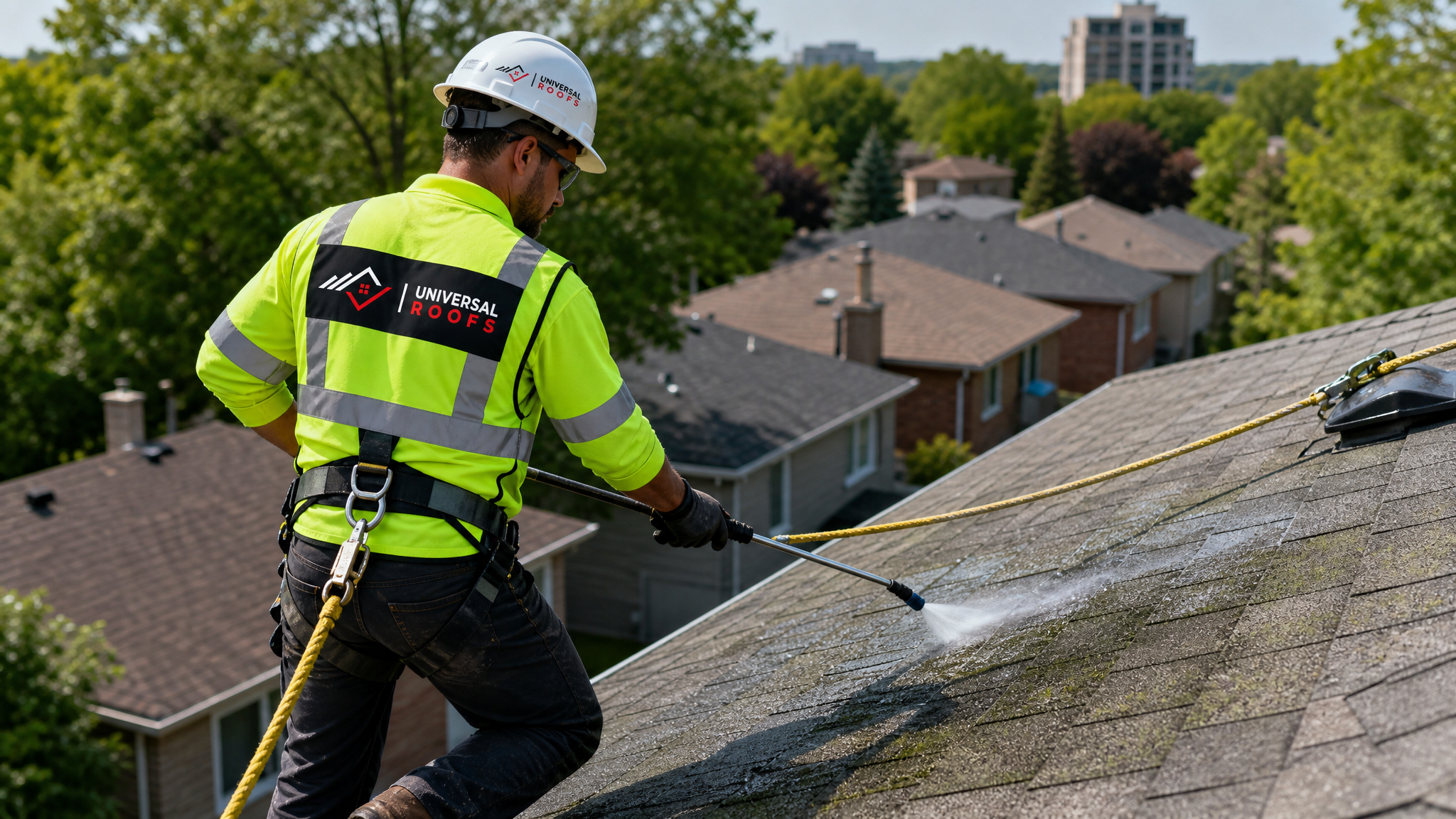 Roofing technician in full safety harness soft washing algae streaks from a residential asphalt shingle roof in Toronto