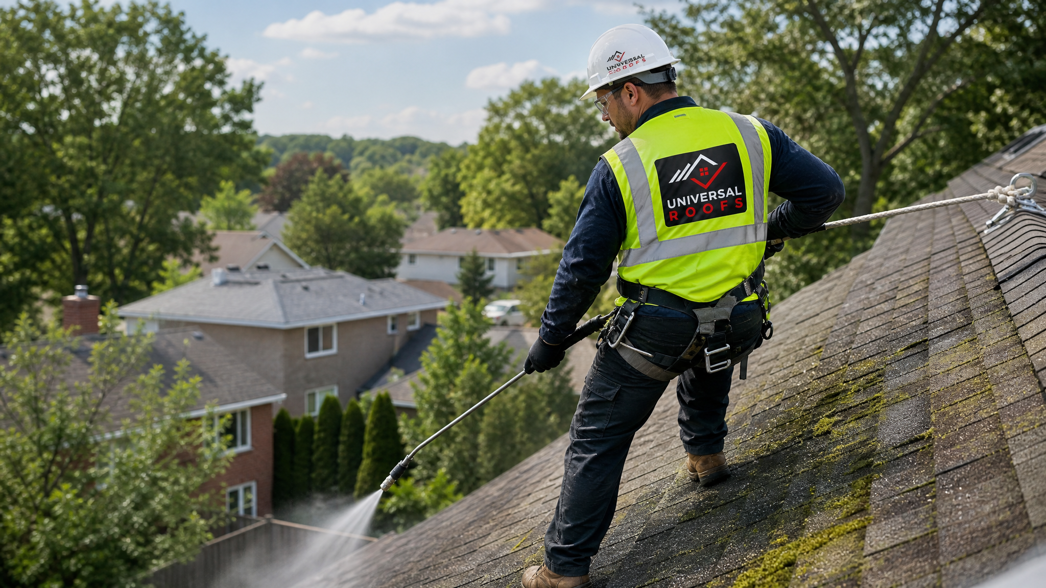 Roofer wearing full safety harness and PPE performing a soft-wash roof cleaning at height in Toronto