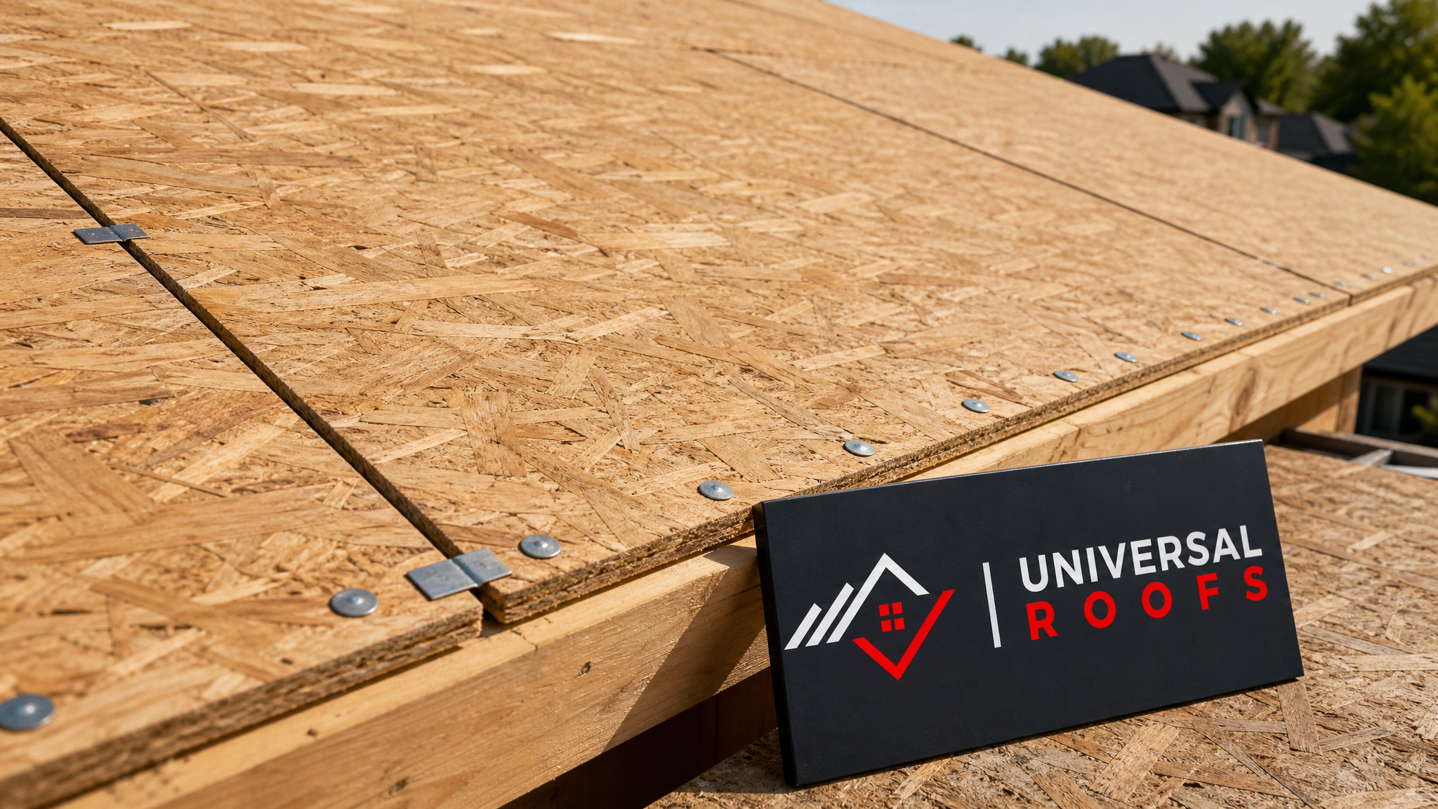 Close-up of new OSB roof decking panel edges fastened with proper nailing pattern