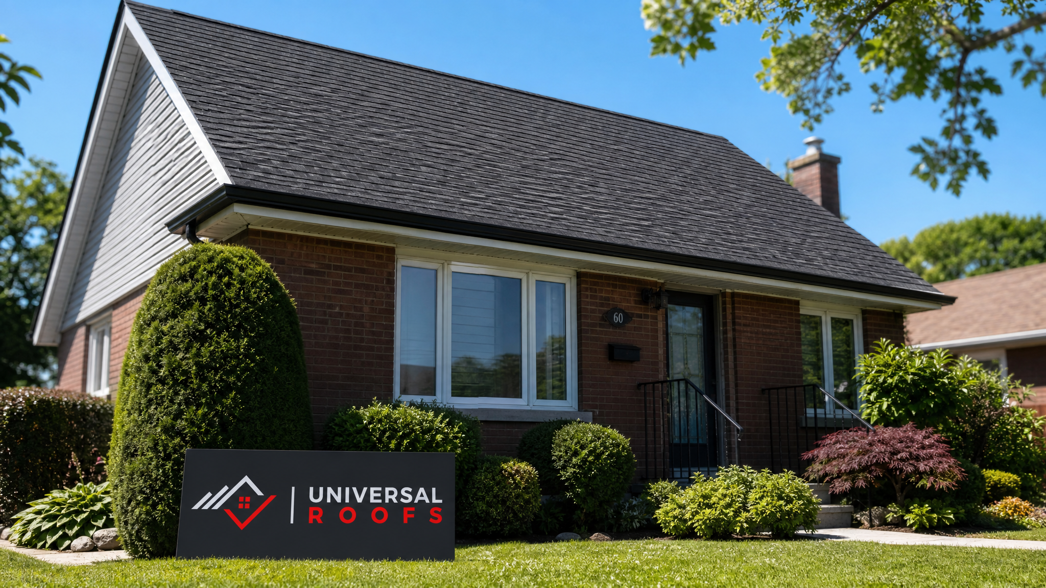 Newly repaired roof decking and shingles on a Toronto home under clear summer sky